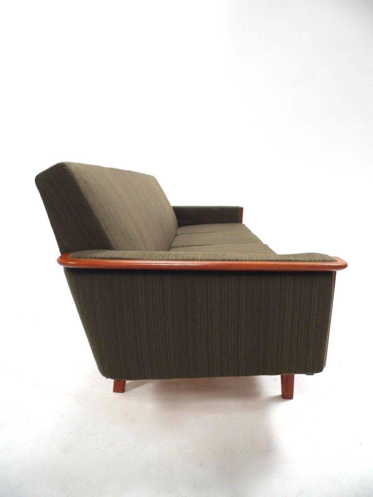 Mid-Century Modern Norwegian Green Wool and Teak Four-Seat Sofa Midcentury, 1960s