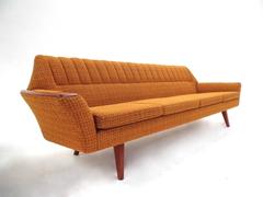 Scandinavian Yellow Wool and Teak Four-Seat Sofa, Midcentury 1950s