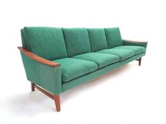 Scandinavian Jade Green Wool and Teak Four-Seat Sofa Midcentury, 1960s