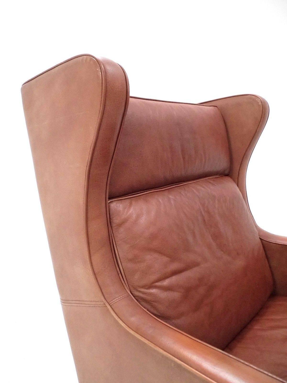 Danish Stouby Tan Leather High Back Club Armchair Midcentury Chair, 1960s In Good Condition In London, GB
