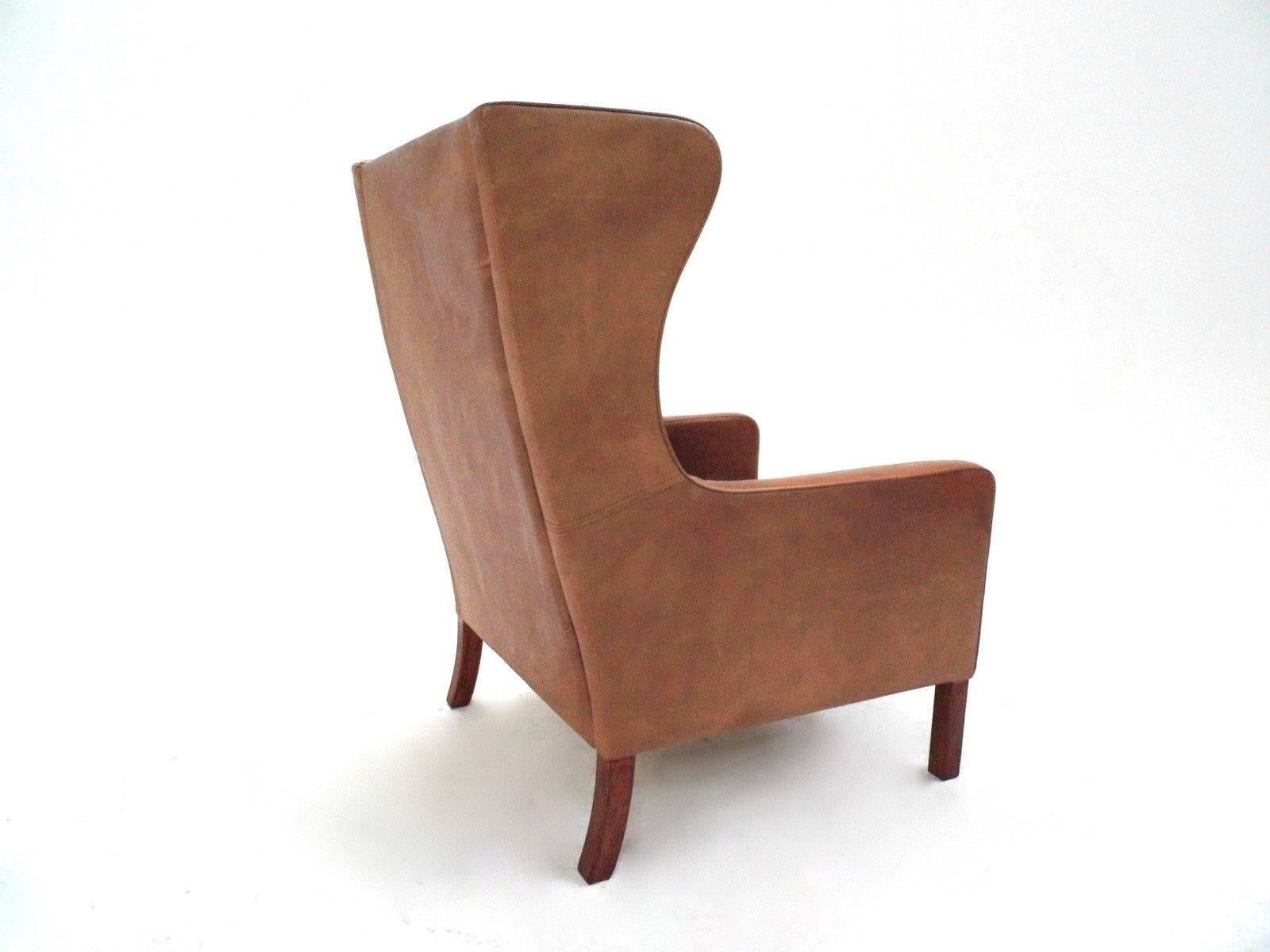 20th Century Danish Stouby Tan Leather High Back Club Armchair Midcentury Chair, 1960s