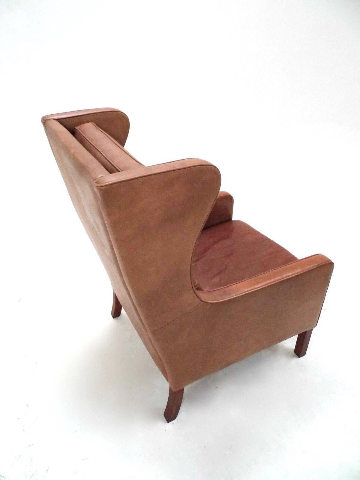 Danish Stouby Tan Leather High Back Club Armchair Midcentury Chair, 1960s 2