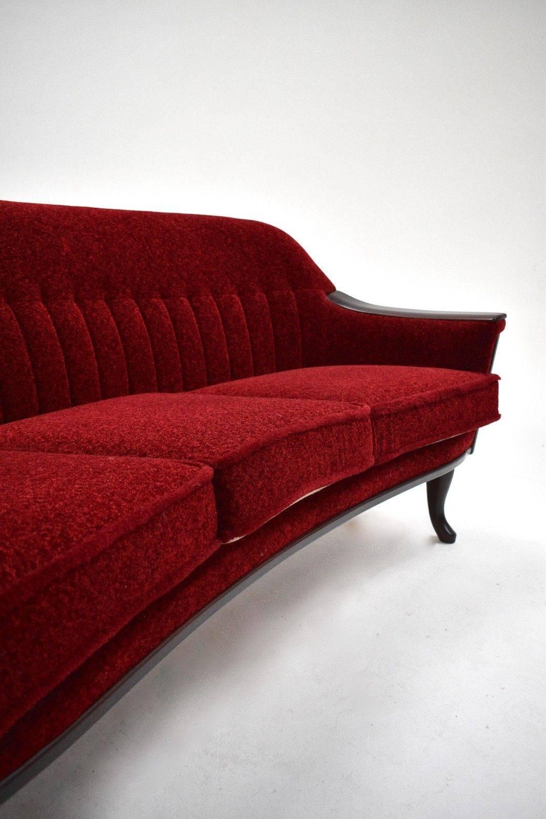 Mid-Century Modern Norwegian Red Fabric and Mahogany Tapestry Three-Seat Sofa Midcentury, 1950s