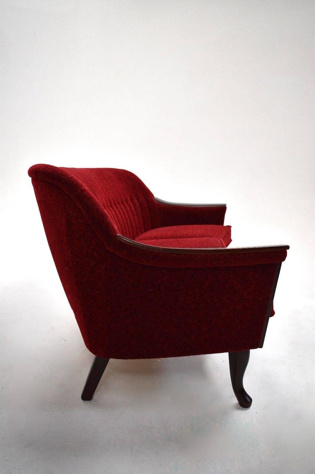 20th Century Norwegian Red Fabric and Mahogany Tapestry Three-Seat Sofa Midcentury, 1950s