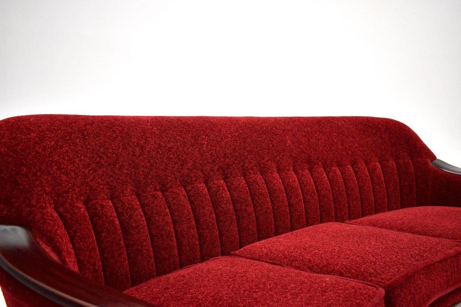 Wool Norwegian Red Fabric and Mahogany Tapestry Three-Seat Sofa Midcentury, 1950s