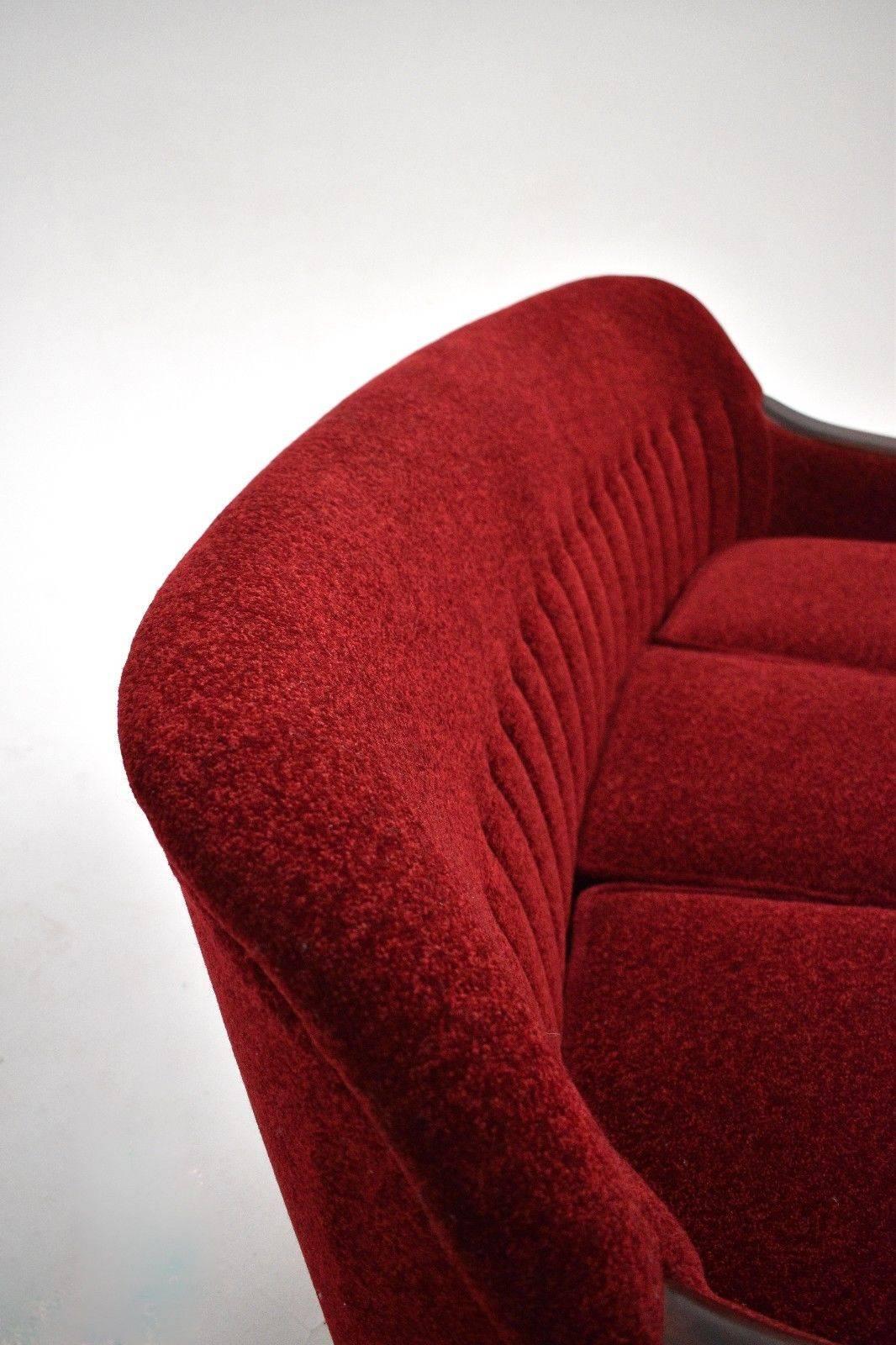 Norwegian Red Fabric and Mahogany Tapestry Three-Seat Sofa Midcentury, 1950s 1