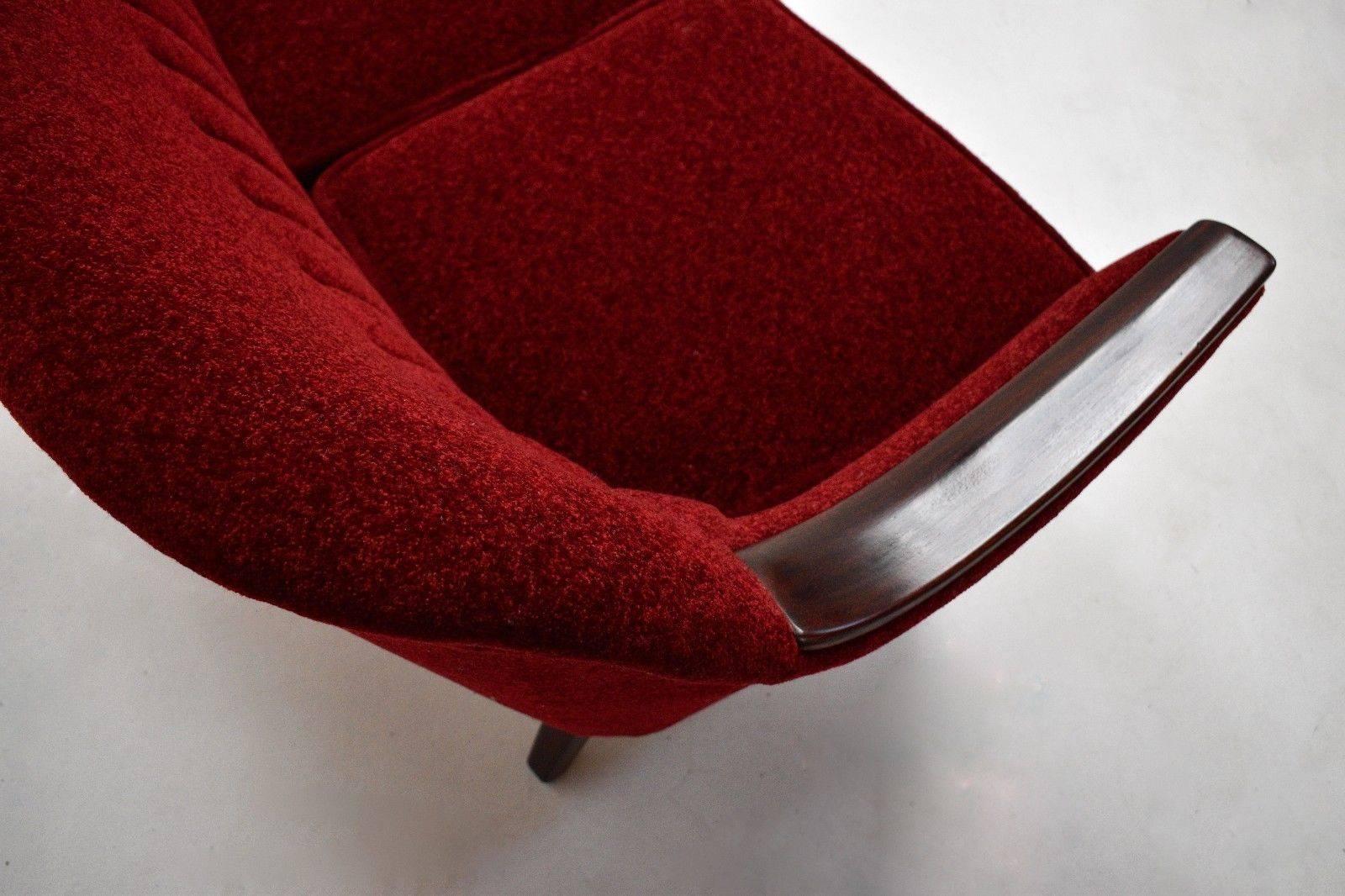 Norwegian Red Fabric and Mahogany Tapestry Three-Seat Sofa Midcentury, 1950s 2