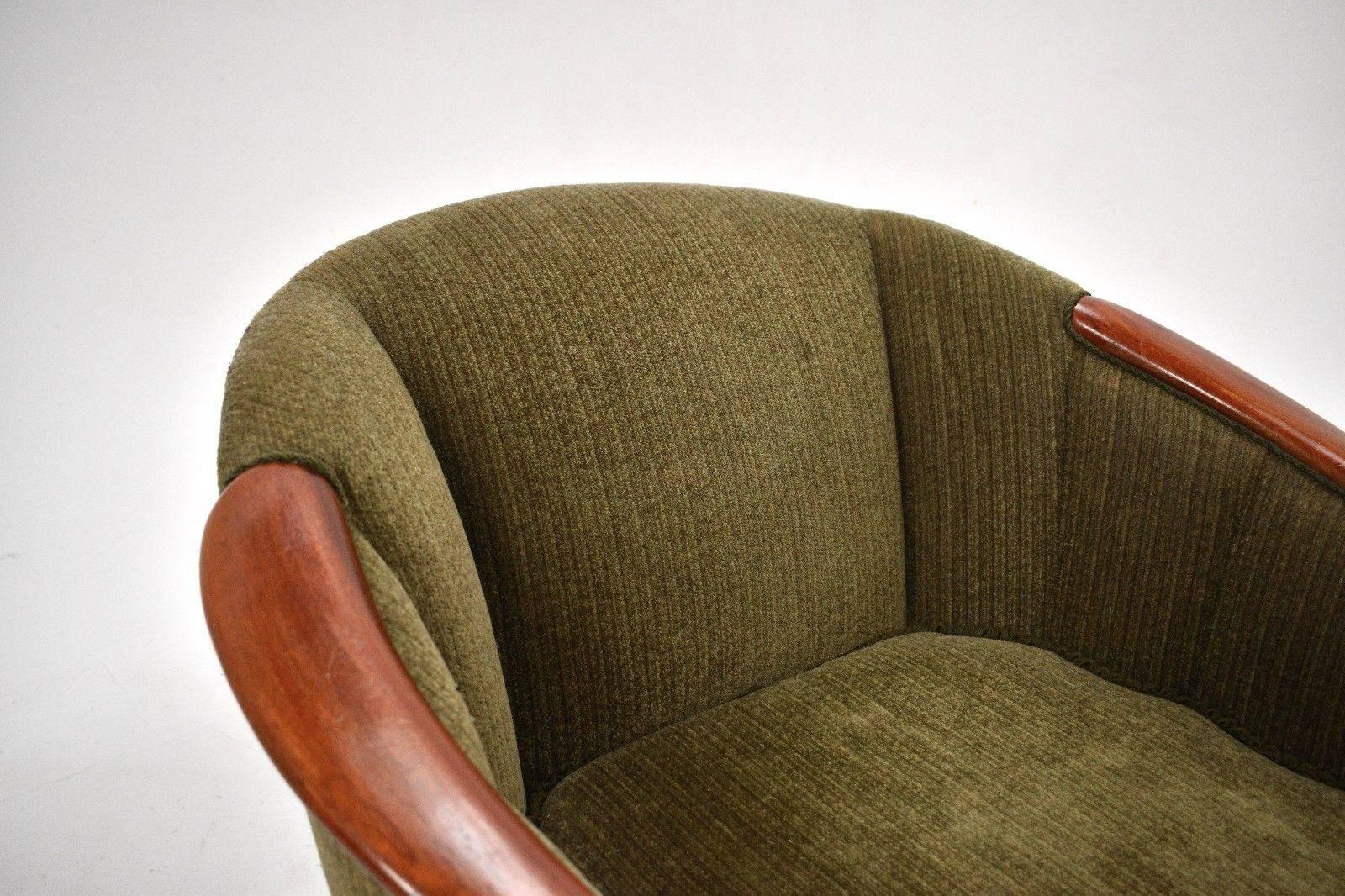 Norwegian Green Fabric Velour and Teak Armchair Midcentury Tub Chair, 1950s In Good Condition In London, GB