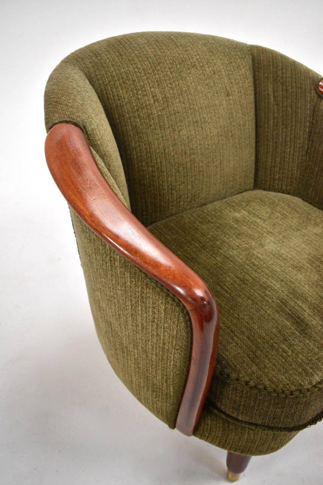 20th Century Norwegian Green Fabric Velour and Teak Armchair Midcentury Tub Chair, 1950s
