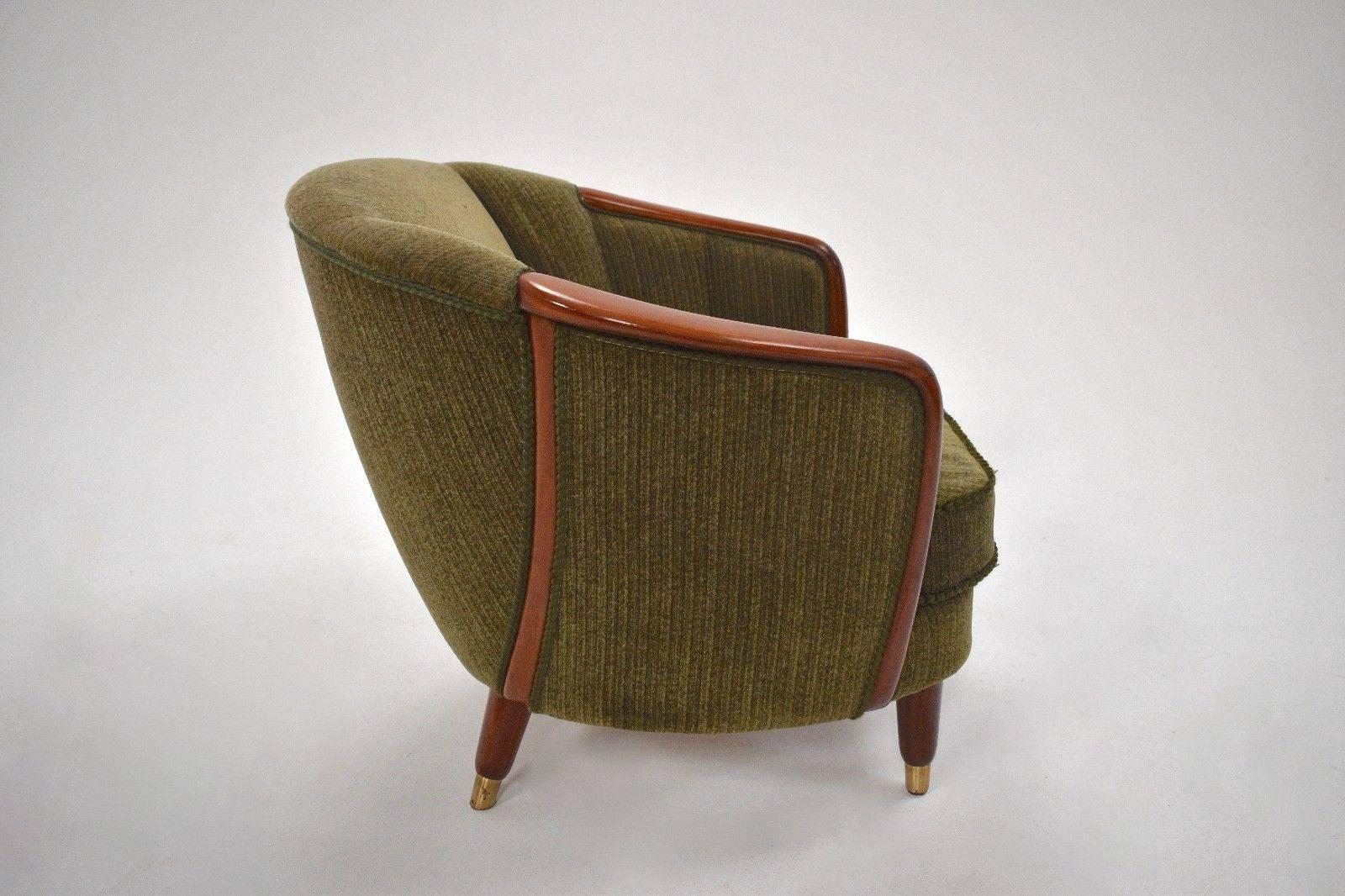 Mid-Century Modern Norwegian Green Fabric Velour and Teak Armchair Midcentury Tub Chair, 1950s