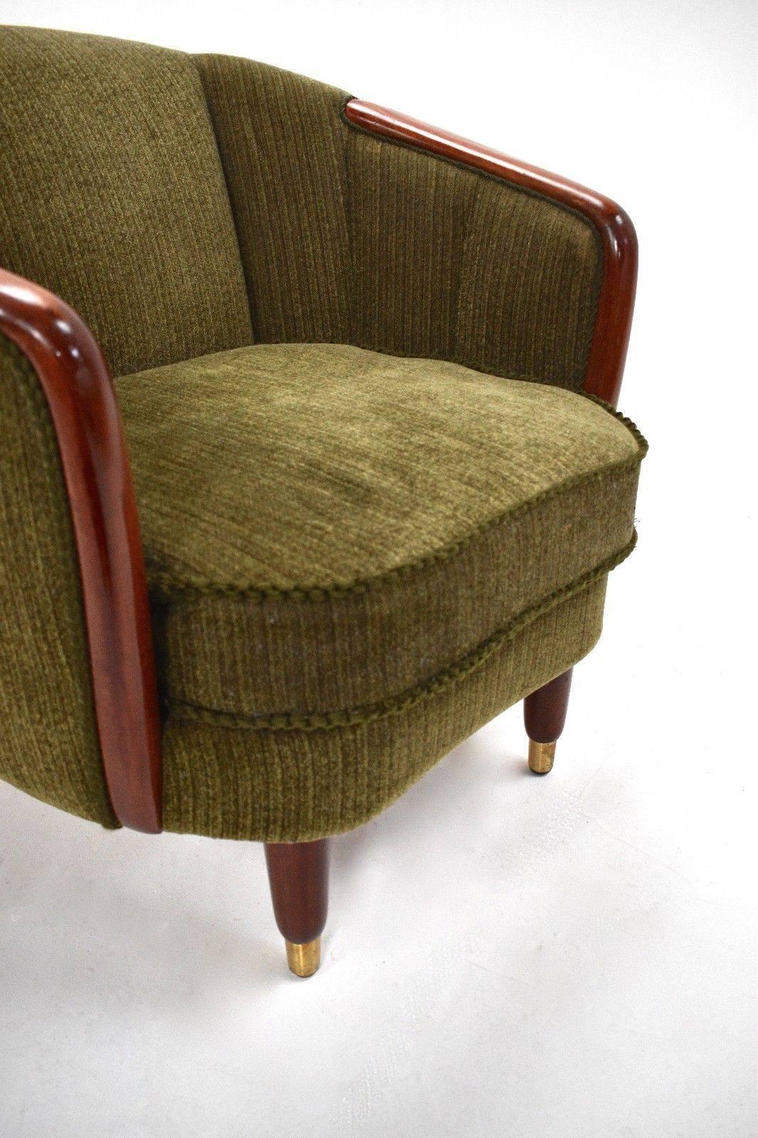 Norwegian Green Fabric Velour and Teak Armchair Midcentury Tub Chair, 1950s 3