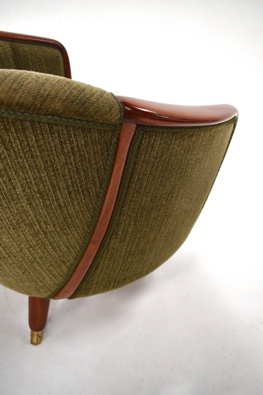 Norwegian Green Fabric Velour and Teak Armchair Midcentury Tub Chair, 1950s 4