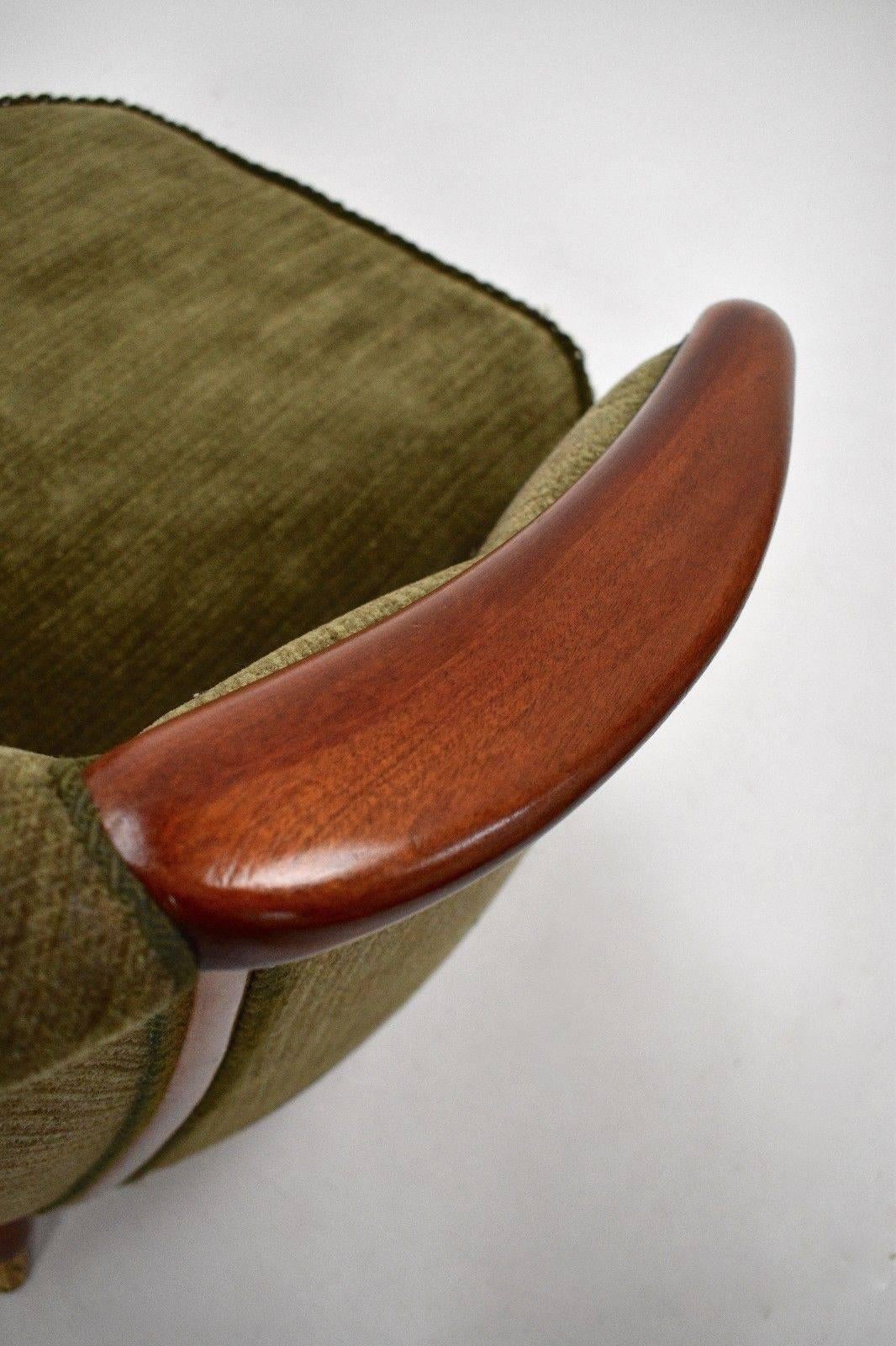 Norwegian Green Fabric Velour and Teak Armchair Midcentury Tub Chair, 1950s 5