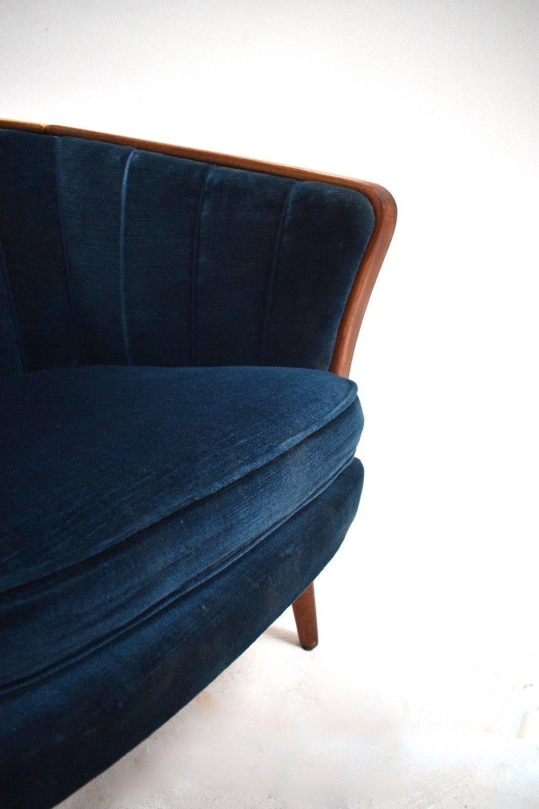 Norwegian Navy Blue Velvet and Teak Armchair Midcentury Club Chair, 1950s In Good Condition In London, GB
