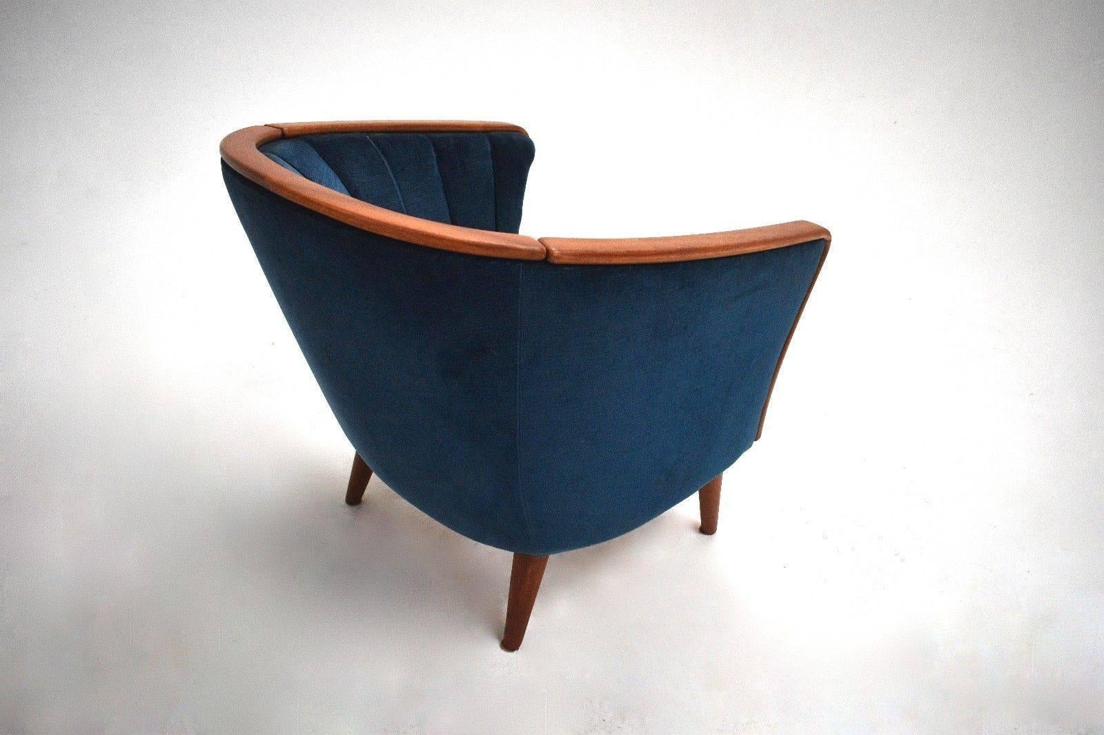 Norwegian Navy Blue Velvet and Teak Armchair Midcentury Club Chair, 1950s 1