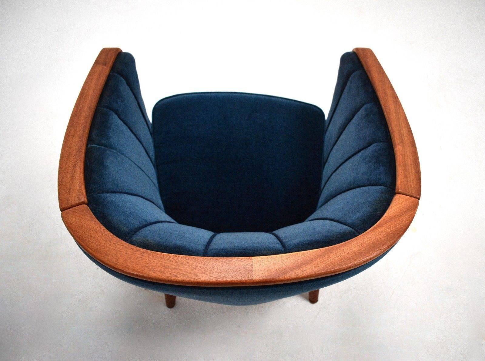 Norwegian Navy Blue Velvet and Teak Armchair Midcentury Club Chair, 1950s 3
