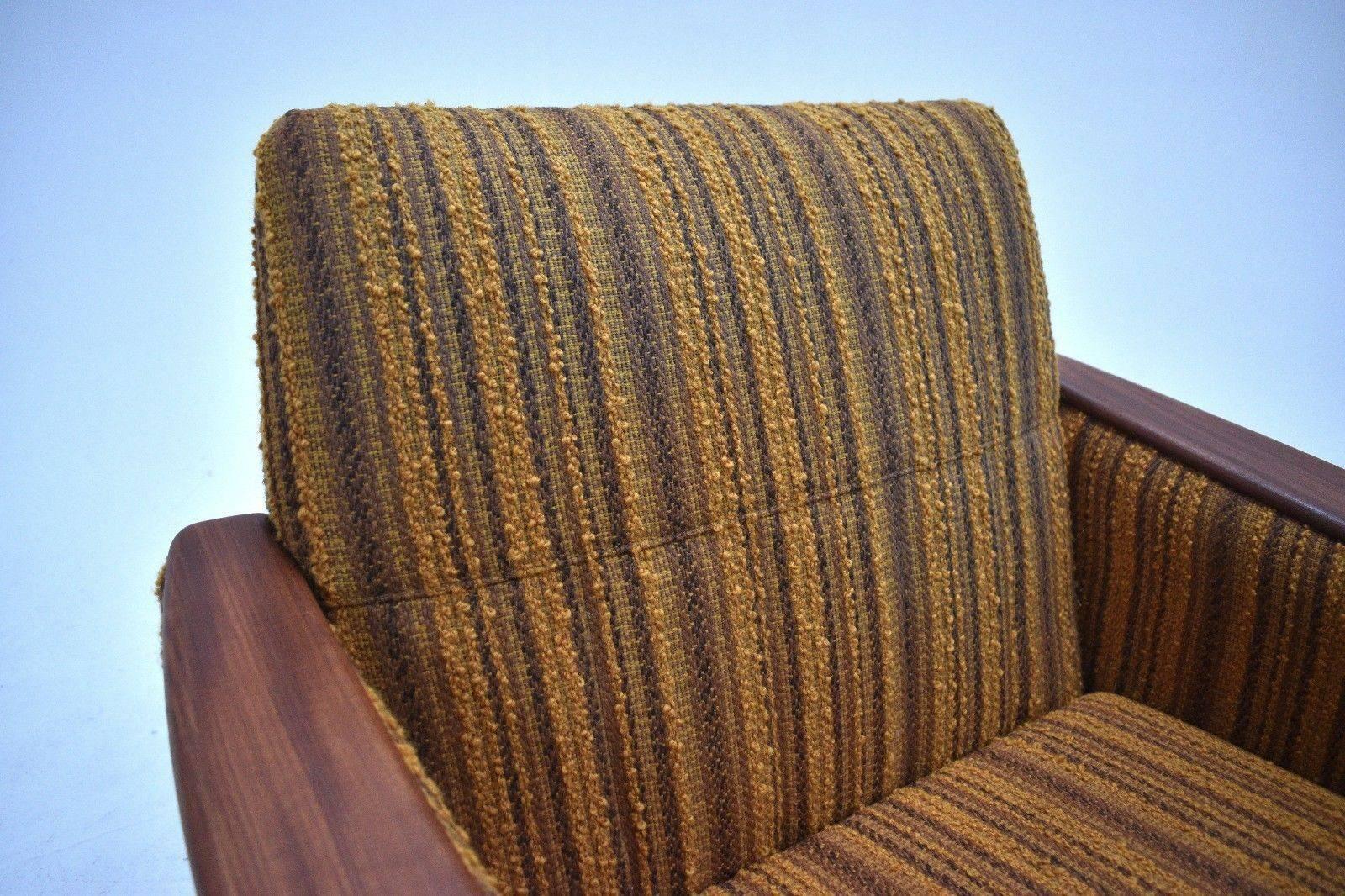 Norwegian Yellow Striped Wool and Teak Armchair Mid-Century Chair, 1960s 3