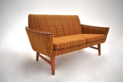 Norwegian Yellow Striped Wool and Teak Two-Seat Sofa, Midcentury, 1960s