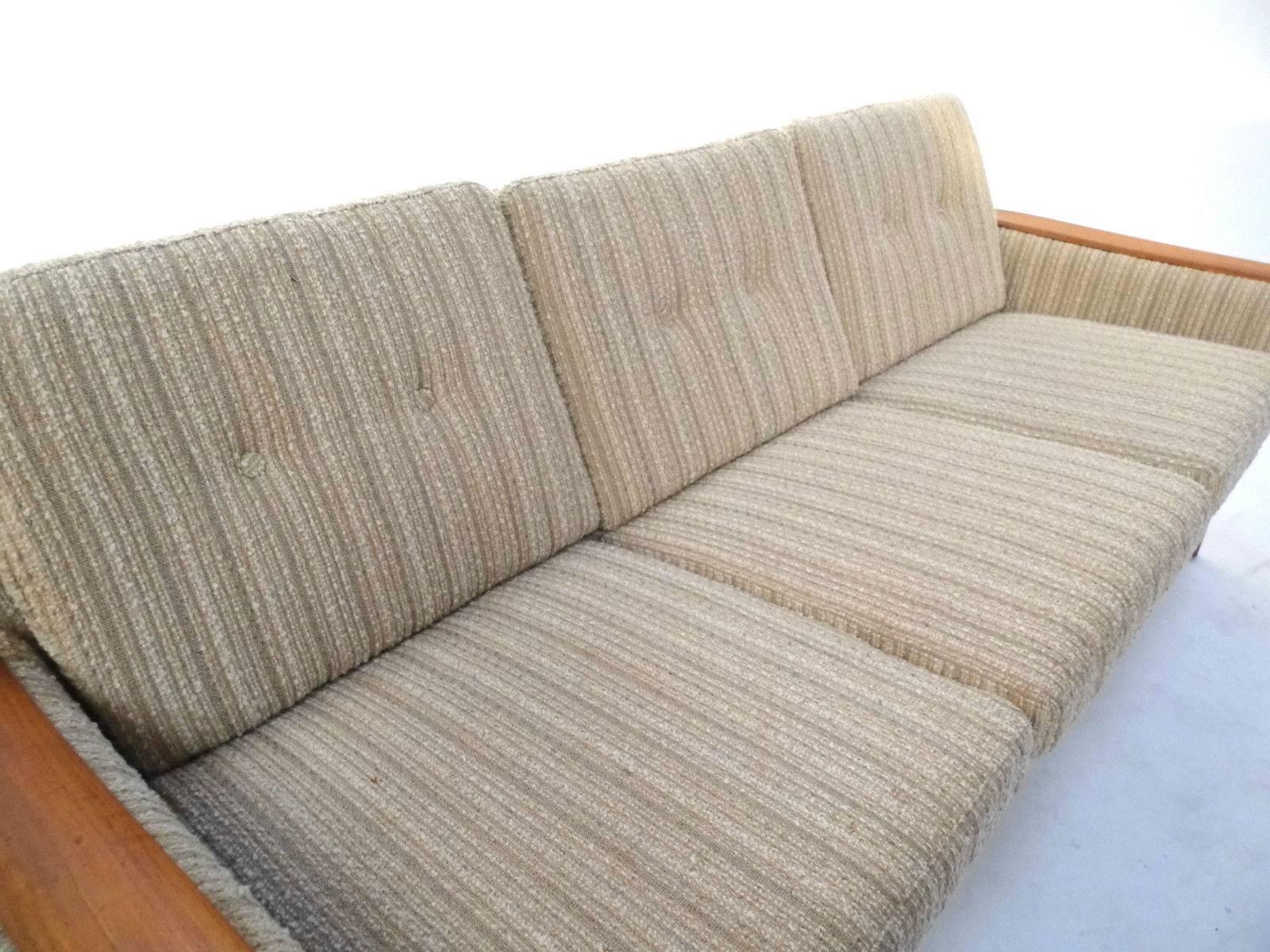 Scandinavian Cream Wool Buttoned Teak Three-Seat Sofa Midcentury, 1970s 1