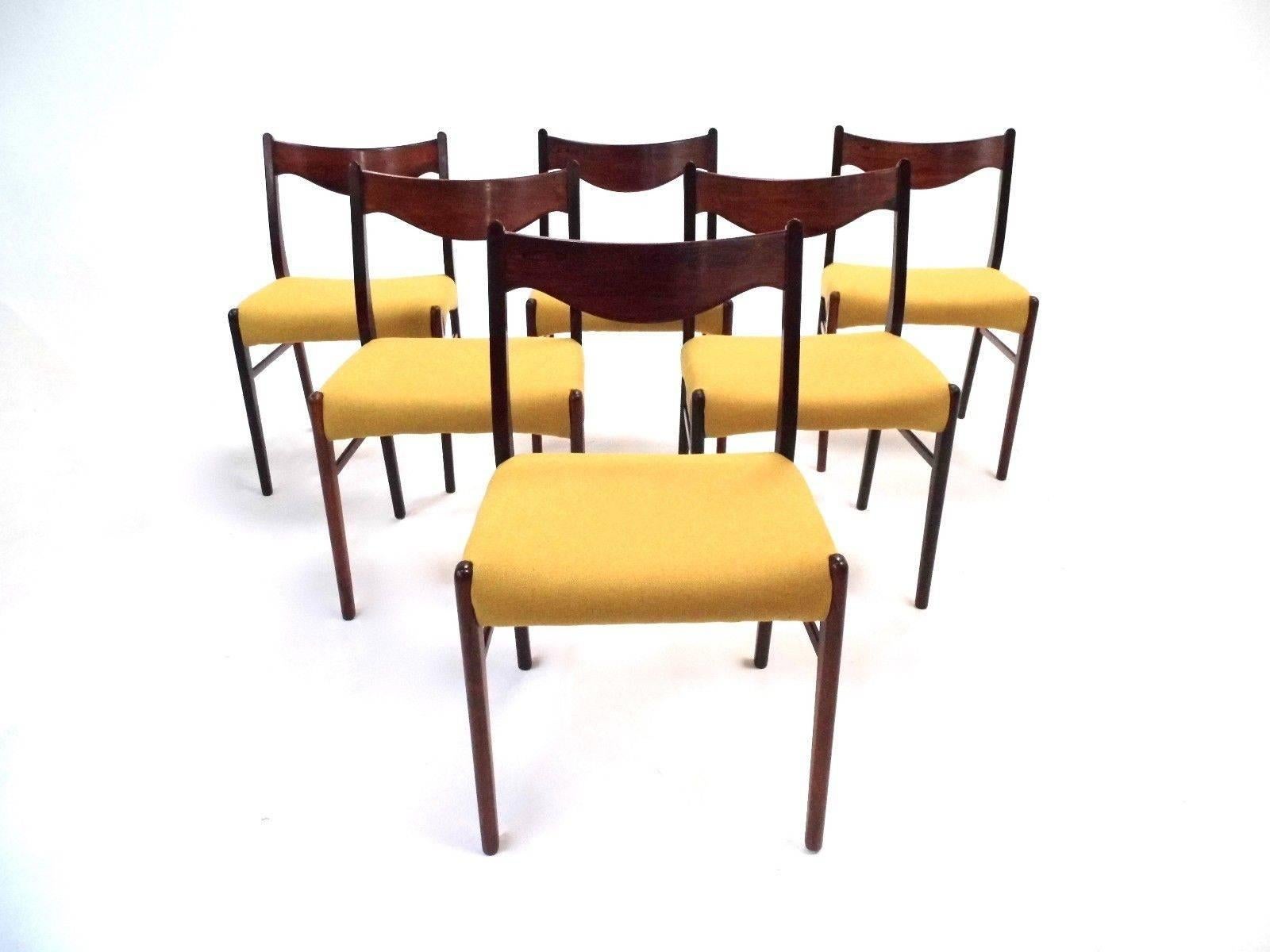 Mid-Century Modern Danish Set of Six Rosewood and Yellow Wool Dining Chairs