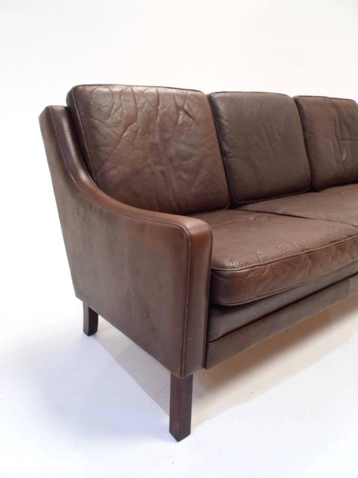 Mid-Century Modern Danish Dark Brown Leather Three-Seat Sofa, Midcentury, 1960s