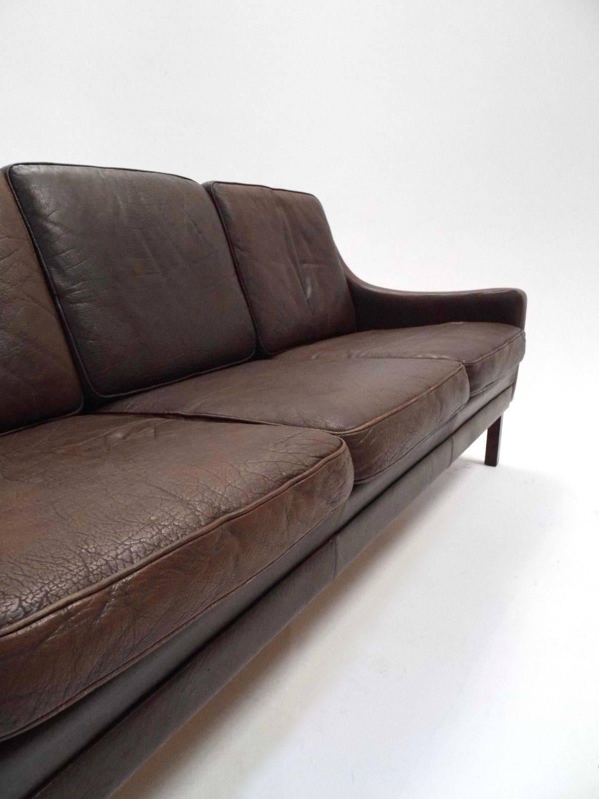 Danish Dark Brown Leather Three-Seat Sofa, Midcentury, 1960s In Good Condition In London, GB