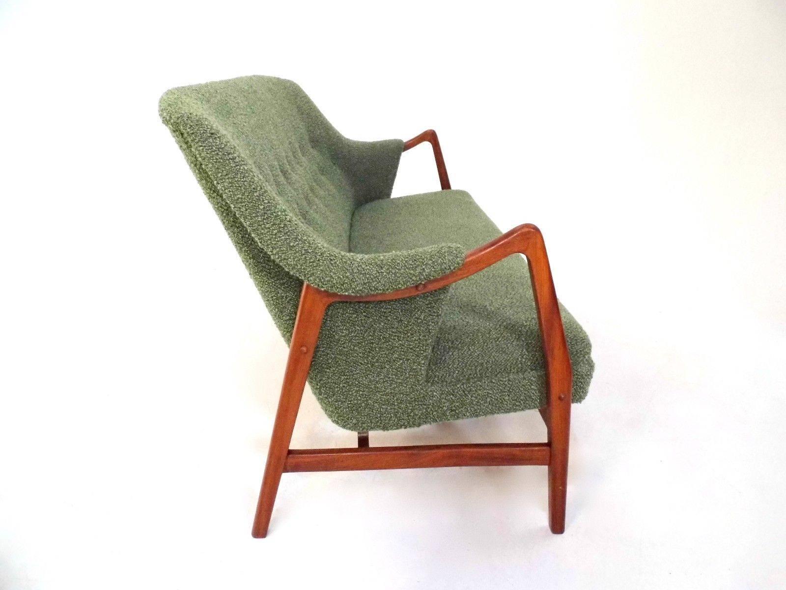 Mid-Century Modern Danish Dokka Mobler Rio Green Wool and Teak Three-Seat Sofa Midcentury, 1950s