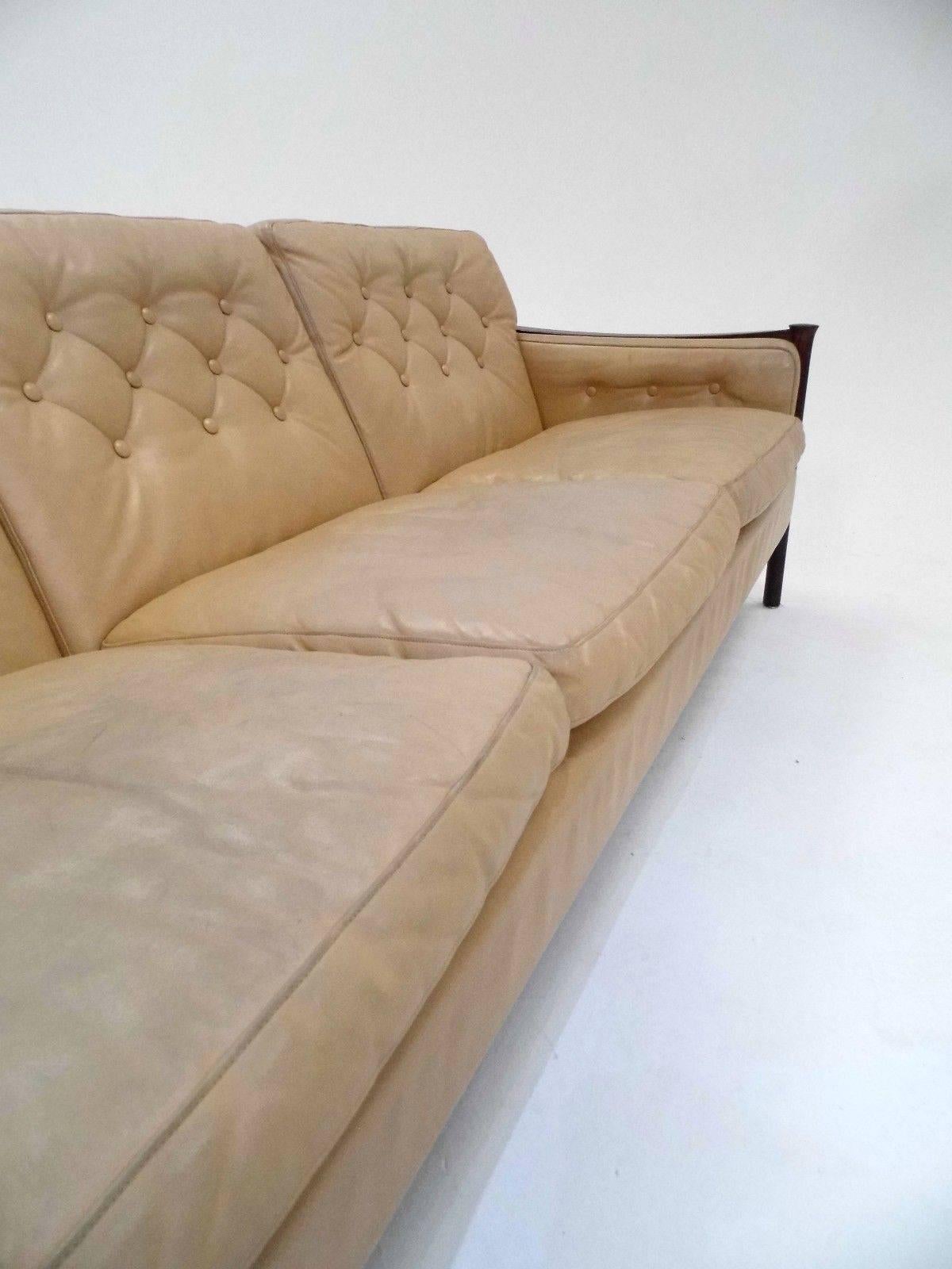 Norwegian Cream Leather and Rosewood Three-Seat Sofa by Torbjørn Afdal 1