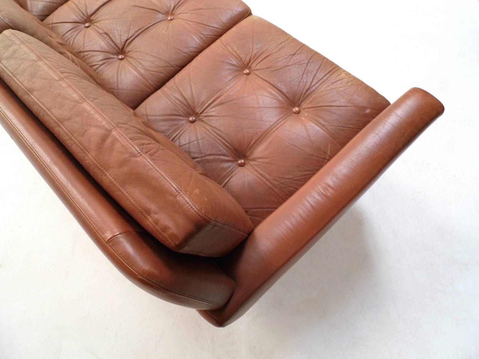 Danish Skipper Møbler Brown Tan Leather Three-Seat Sofa, Midcentury, 1960s 5