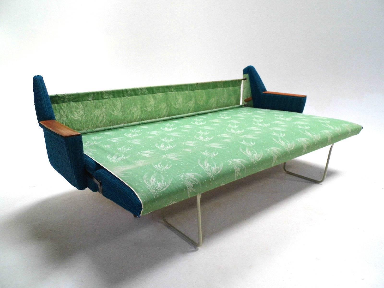 Scandinavian Turquoise Blue Wool Teak Four-Seat Sofabed, Midcentury, 1960s 4