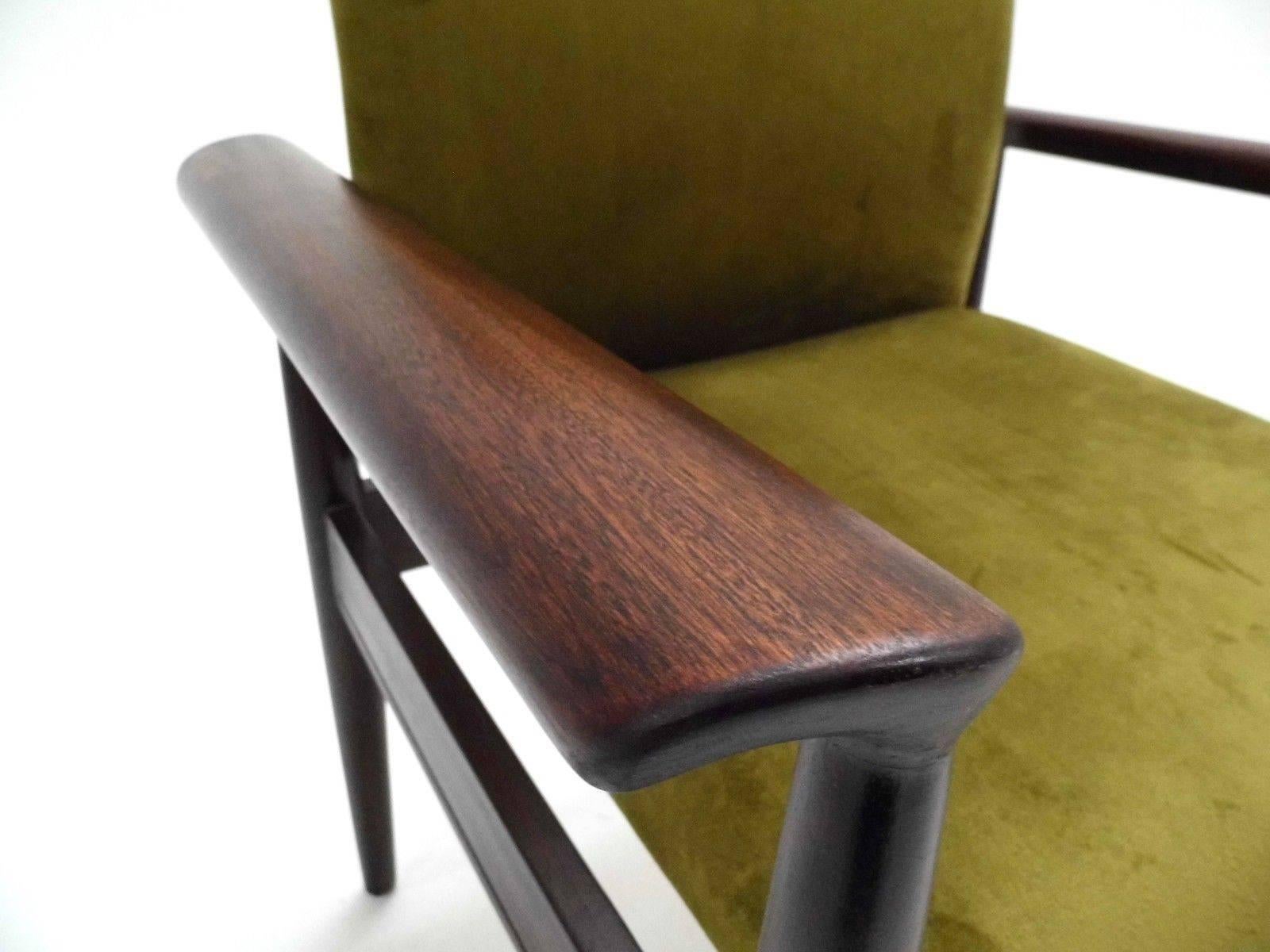 20th Century Danish Finn Juhl Mahogany & Green Velvet Desk Armchair Midcentury Chair, 1960s