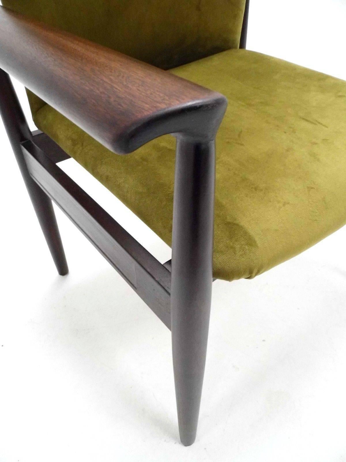 Danish Finn Juhl Mahogany & Green Velvet Desk Armchair Midcentury Chair, 1960s 1