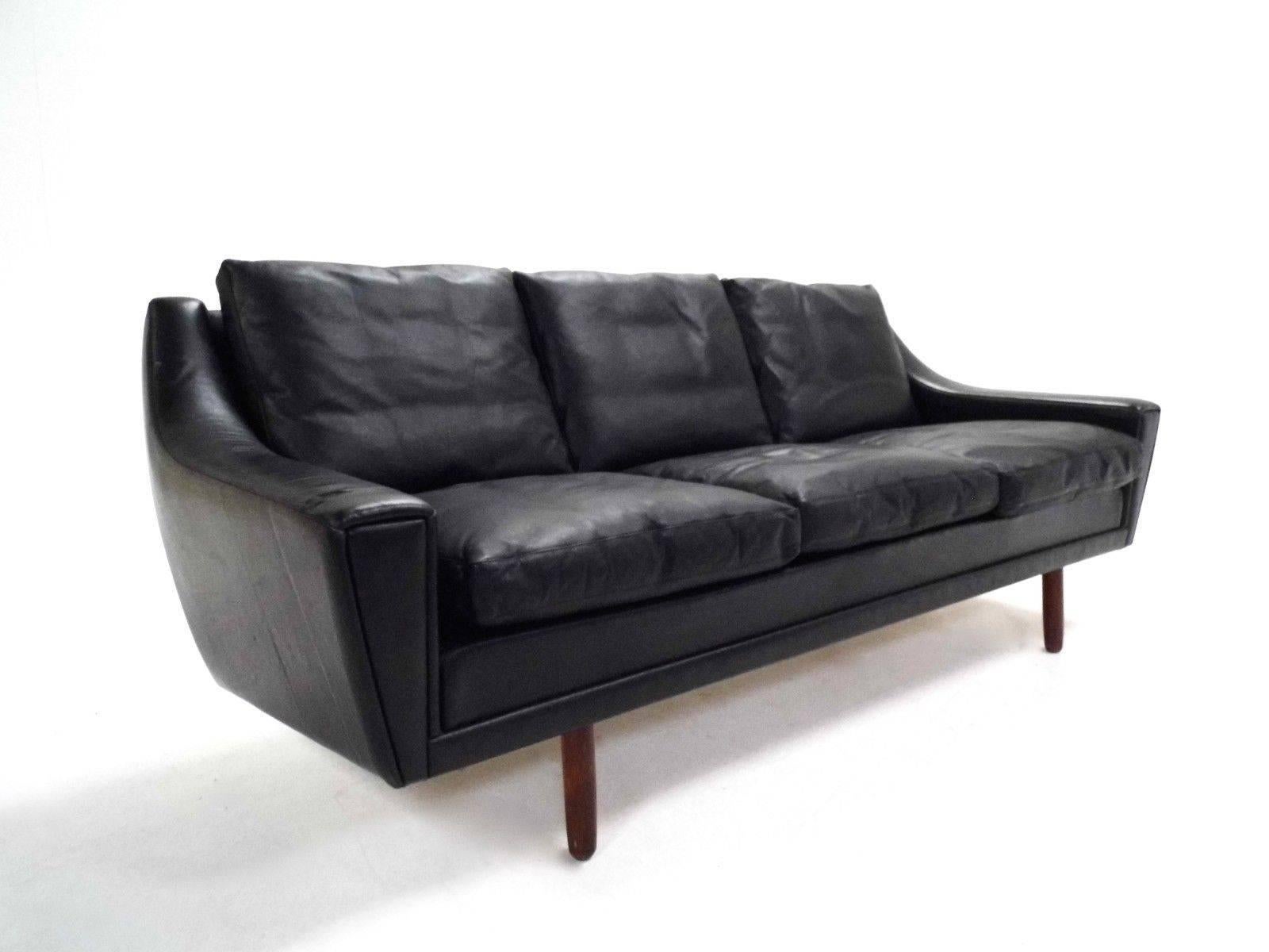 Mid-Century Modern Danish Black Leather and Rosewood Three-Seat Sofa Midcentury, 1960s