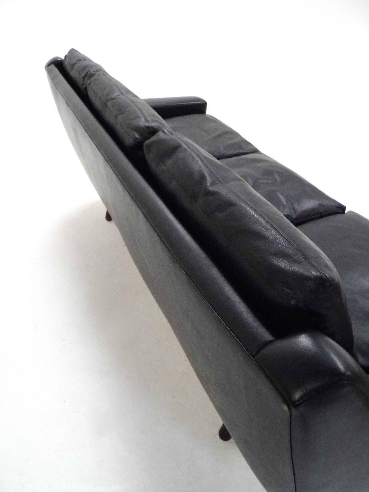 20th Century Danish Black Leather and Rosewood Three-Seat Sofa Midcentury, 1960s