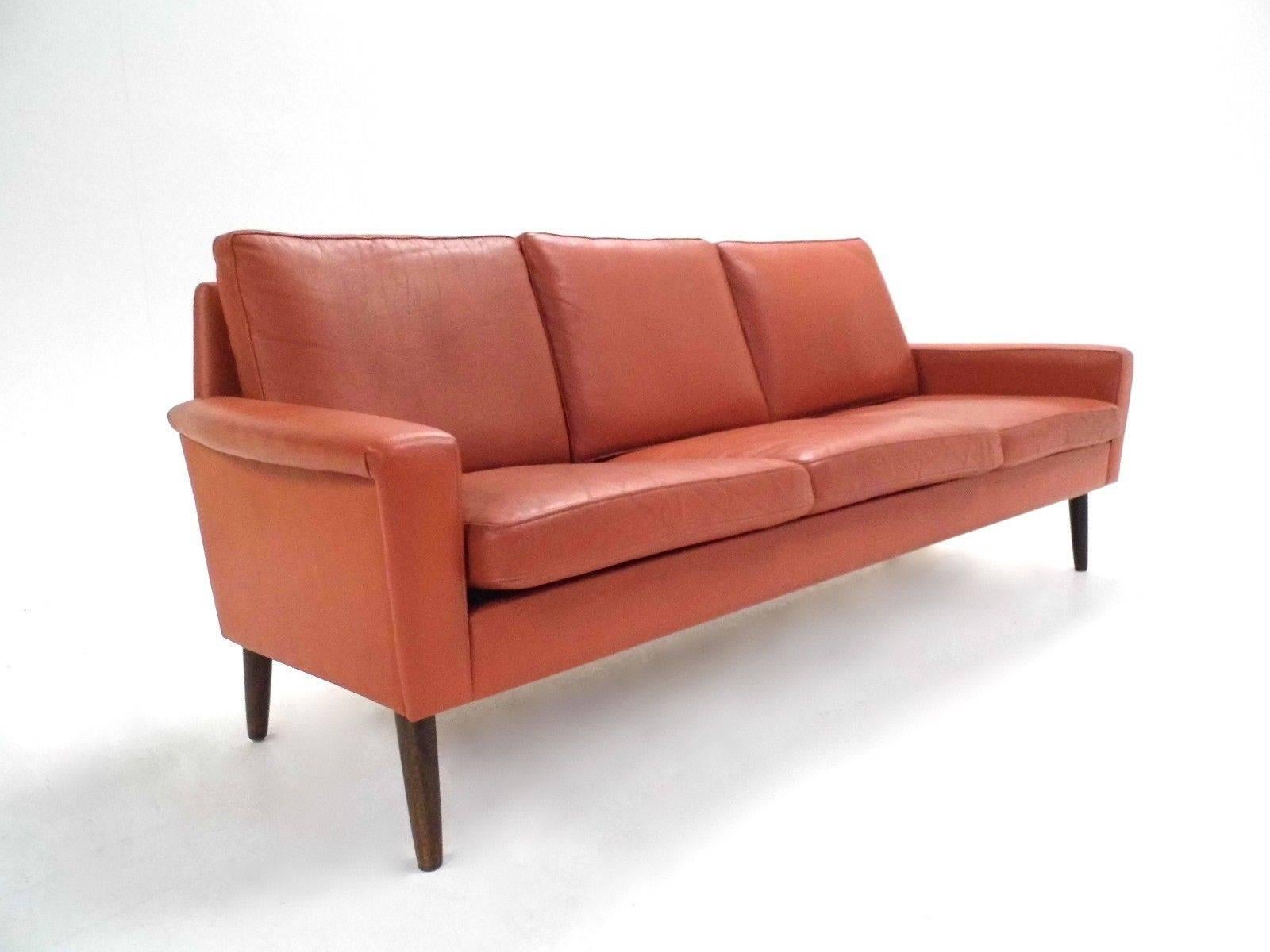 Danish Orange Tan Leather Teak Three-Seat Sofa, Midcentury, 1960s In Good Condition In London, GB