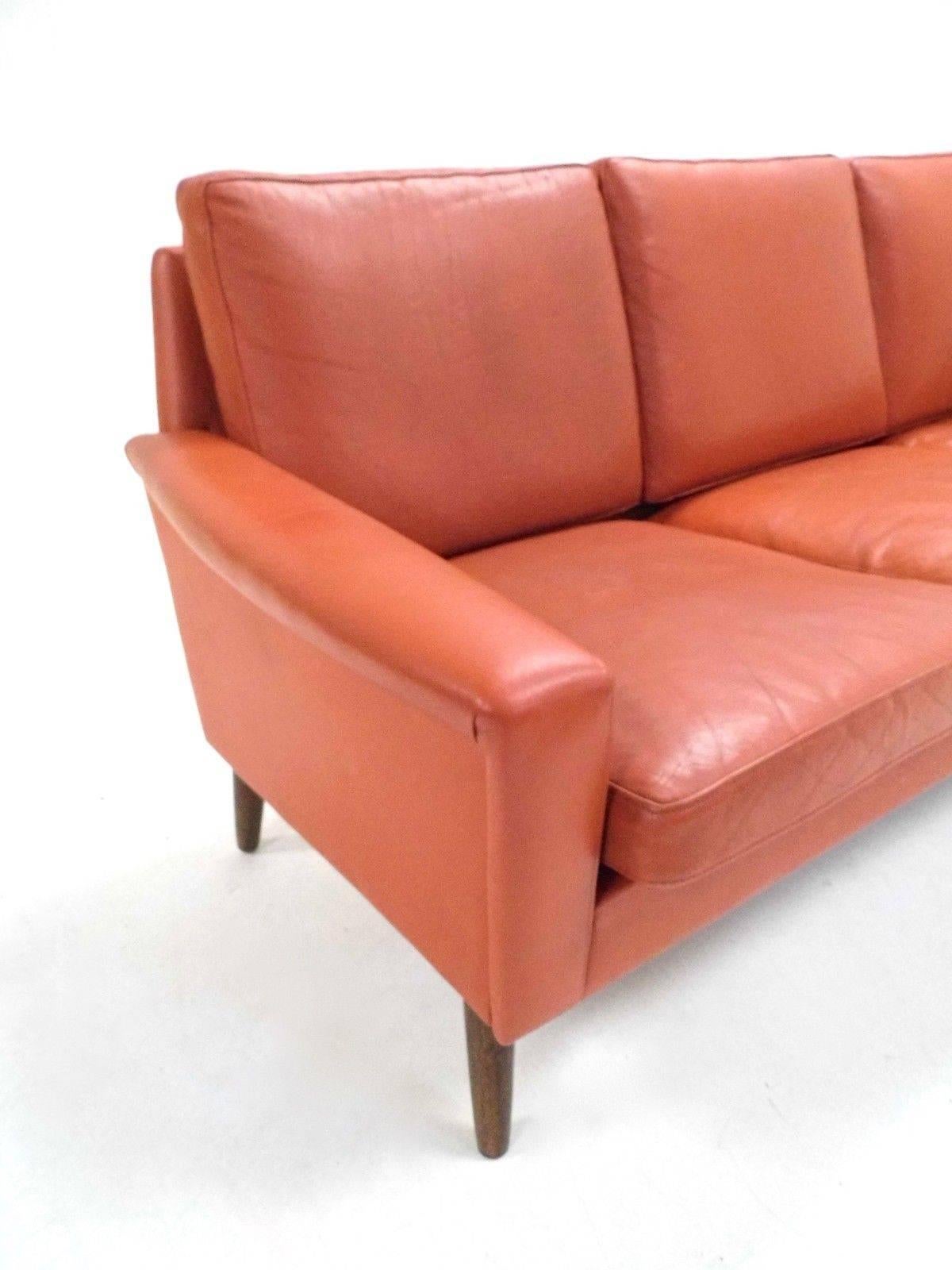 20th Century Danish Orange Tan Leather Teak Three-Seat Sofa, Midcentury, 1960s