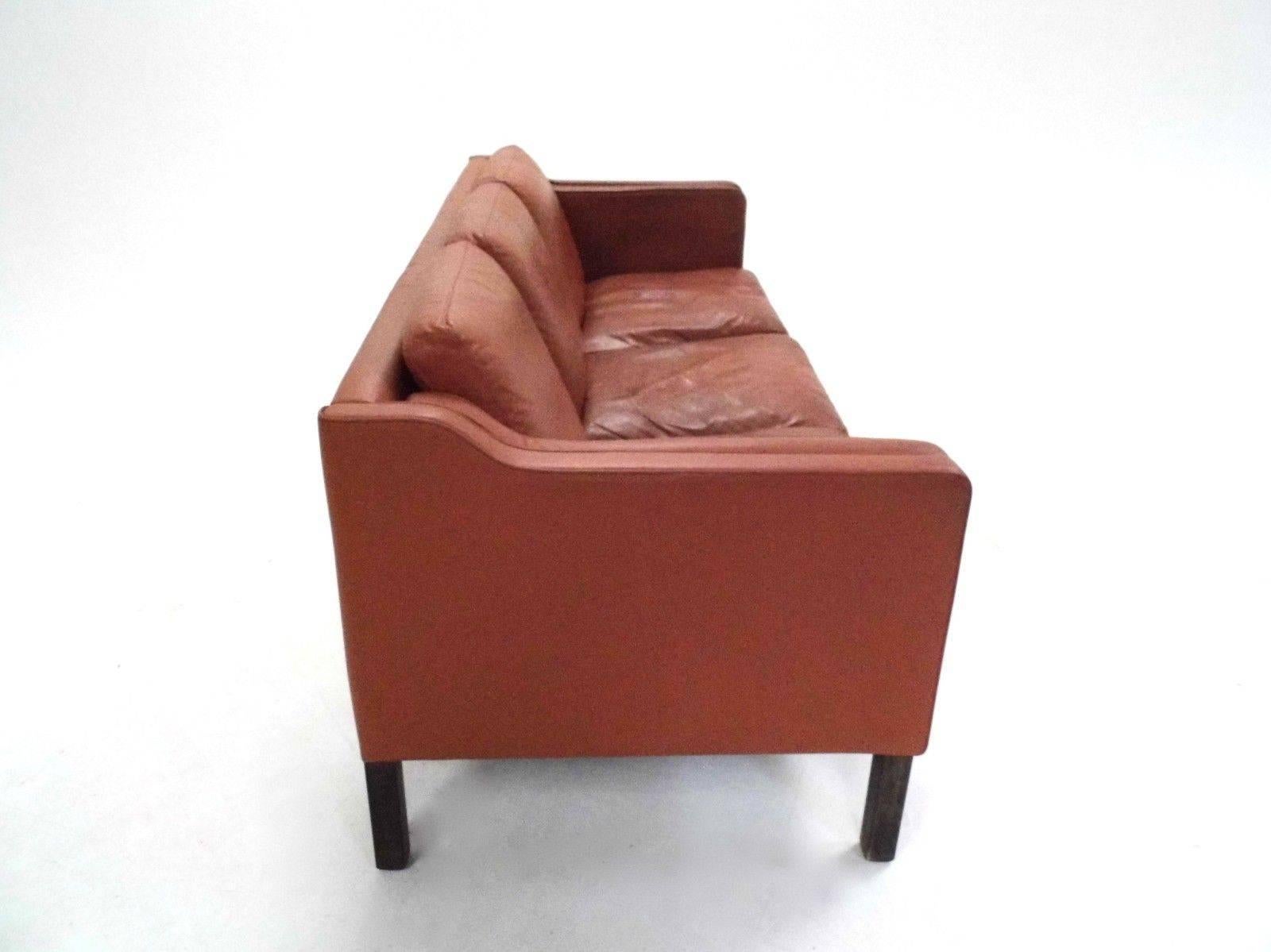 Mid-Century Modern Danish Tan Brown Leather Teak Three-Seat Sofa, Midcentury, 1960s
