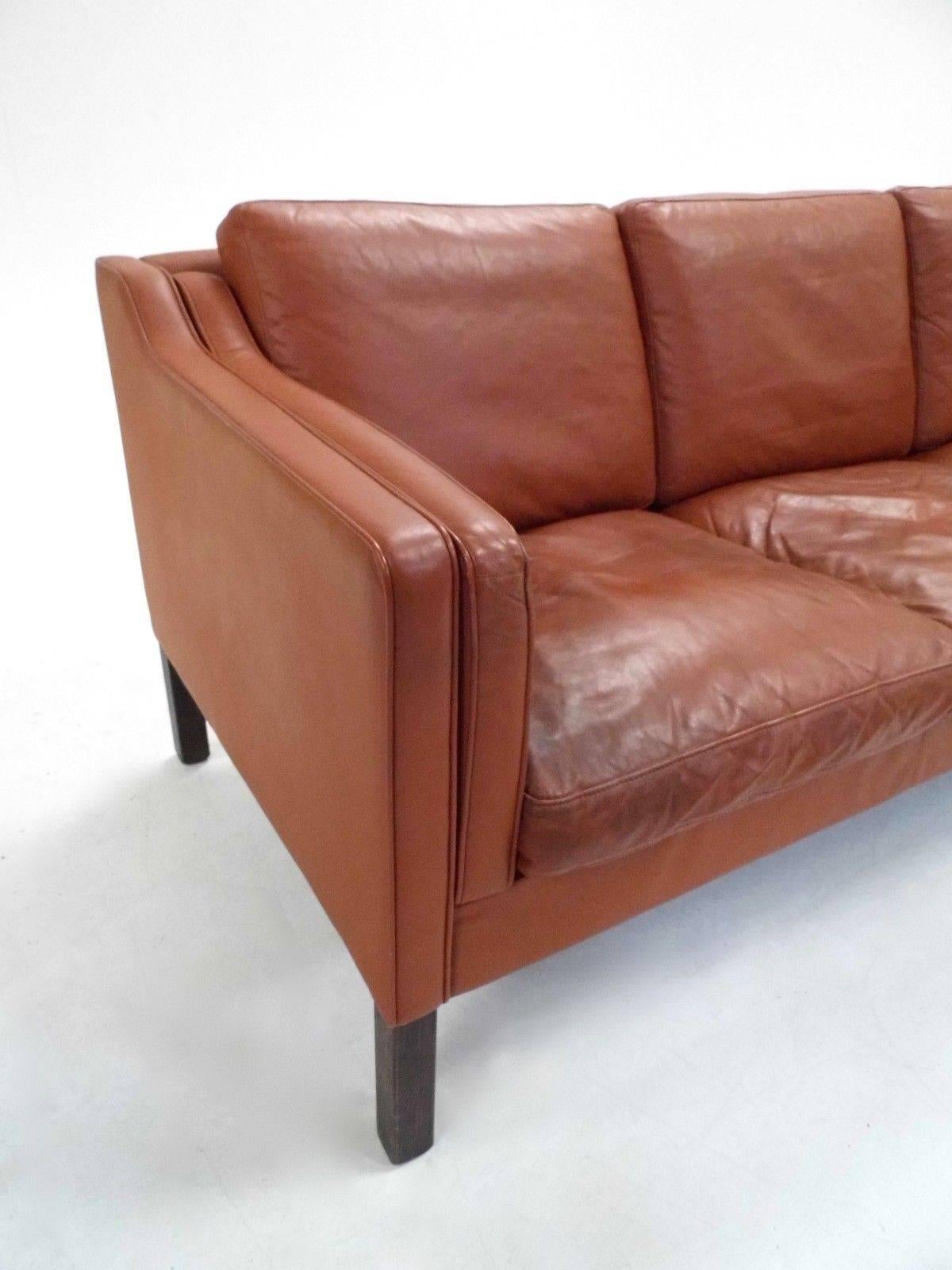 Danish Tan Brown Leather Teak Three-Seat Sofa, Midcentury, 1960s In Good Condition In London, GB