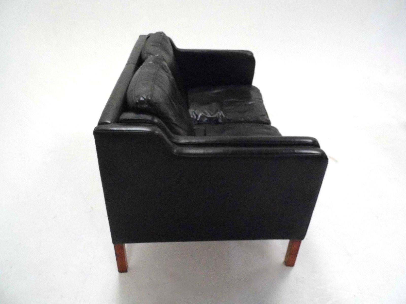 20th Century Danish Stouby Black Leather Teak Two-Seat Sofa Midcentury, 1960s