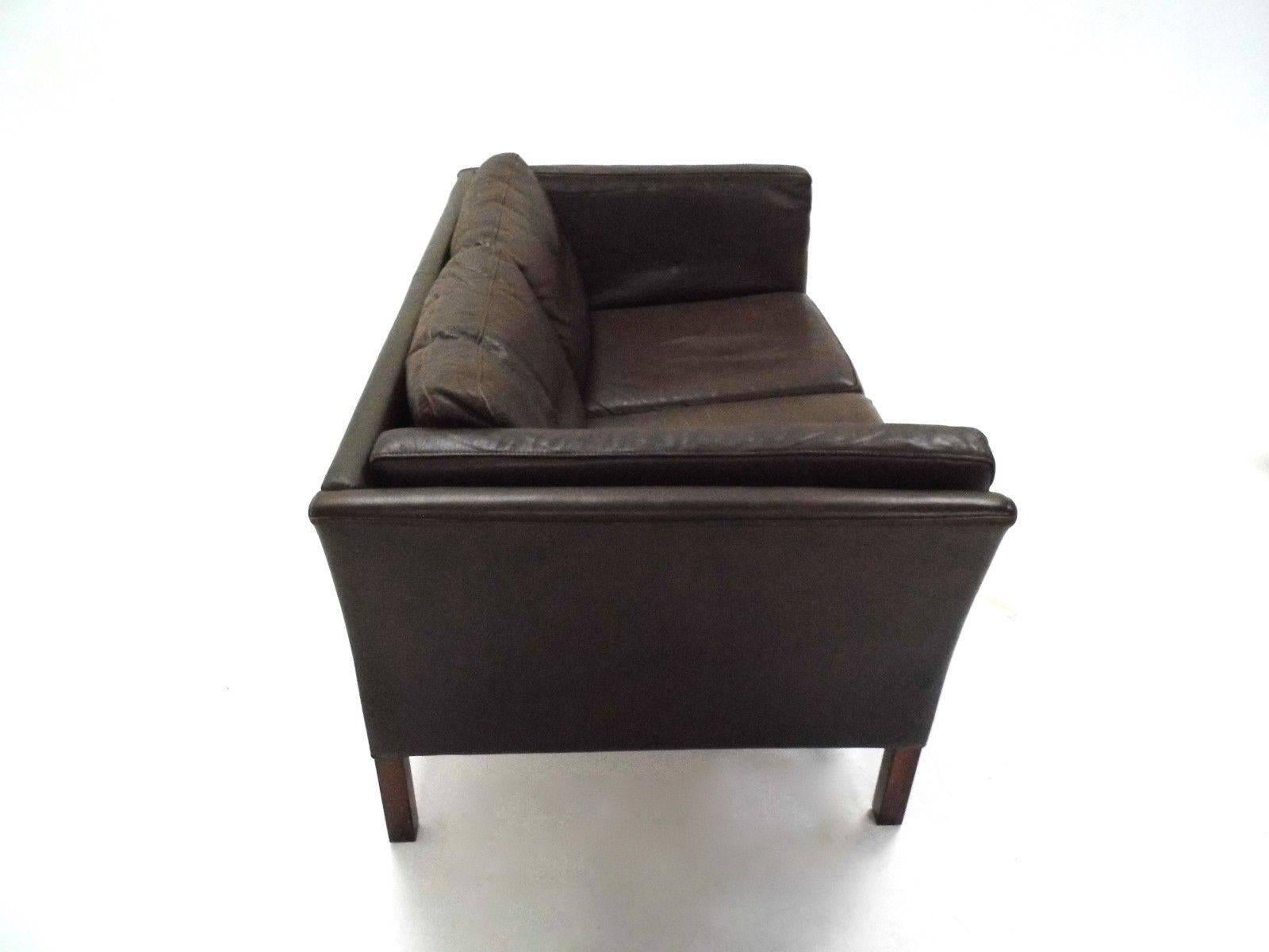 Danish Dark Brown Leather Teak Two-Seat Sofa Midcentury, 1960s In Good Condition In London, GB