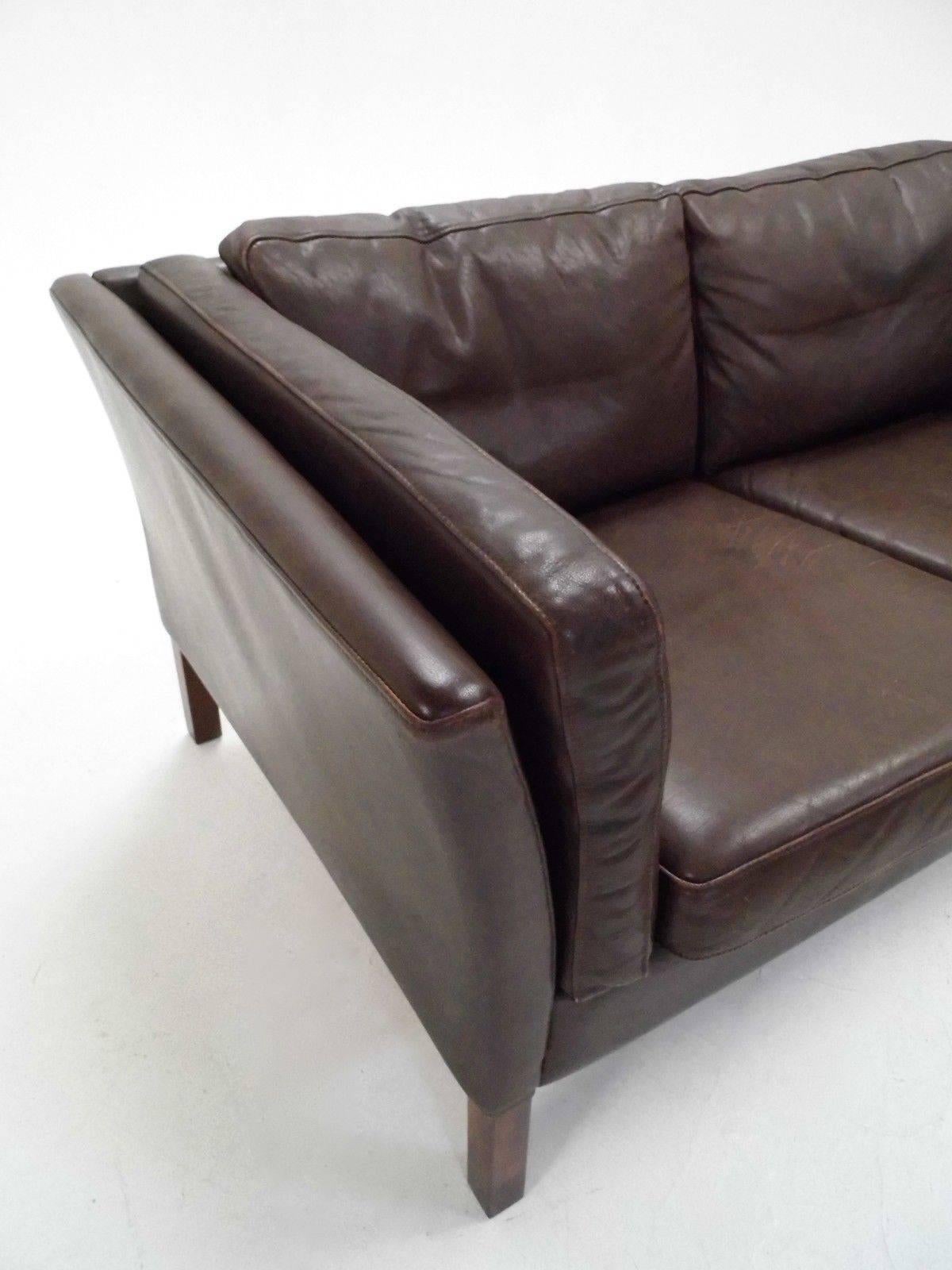 Mid-Century Modern Danish Dark Brown Leather Teak Two-Seat Sofa Midcentury, 1960s