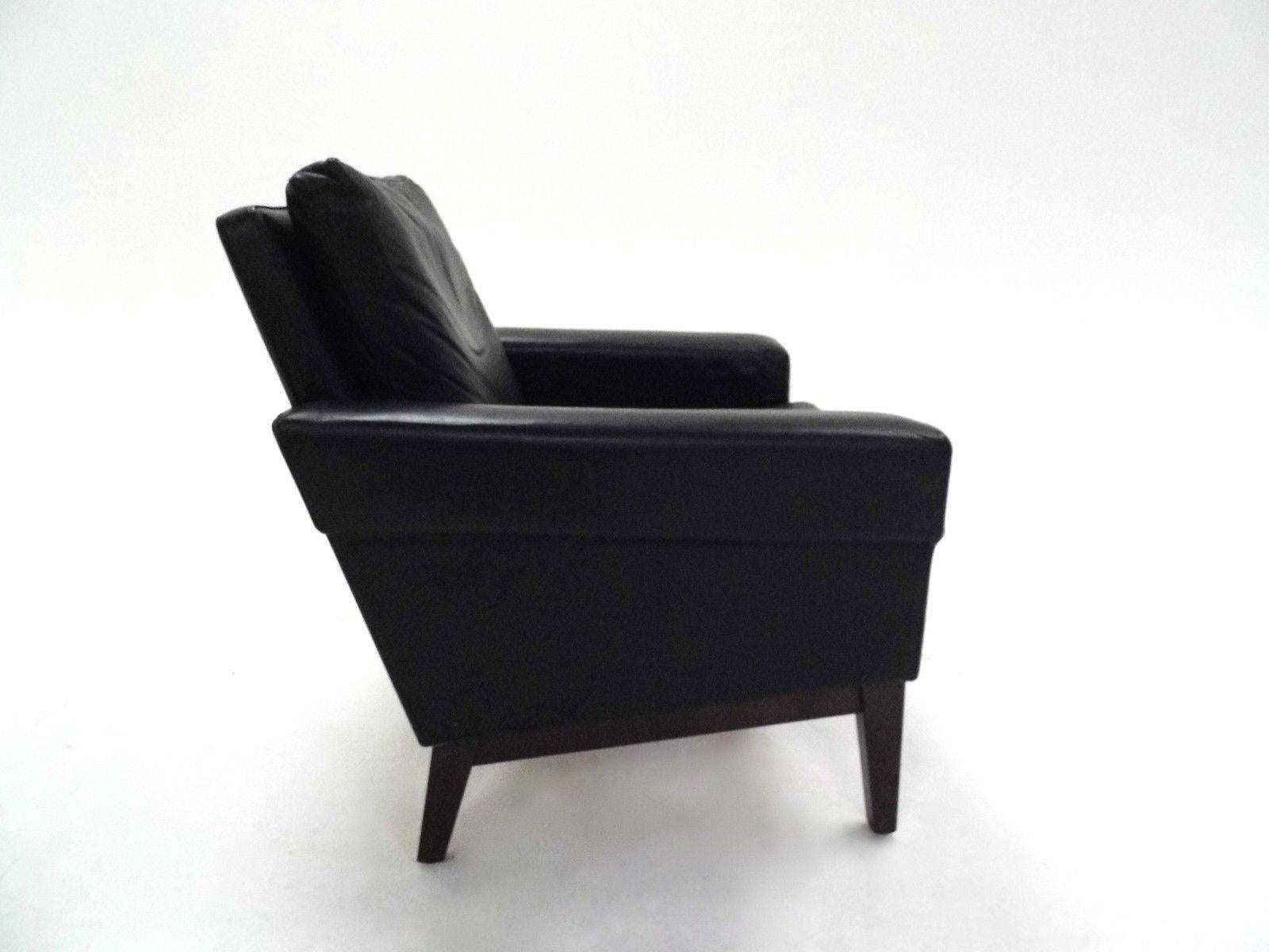 20th Century Danish Black Leather & Teak Club Armchair Midcentury Chair 1960s