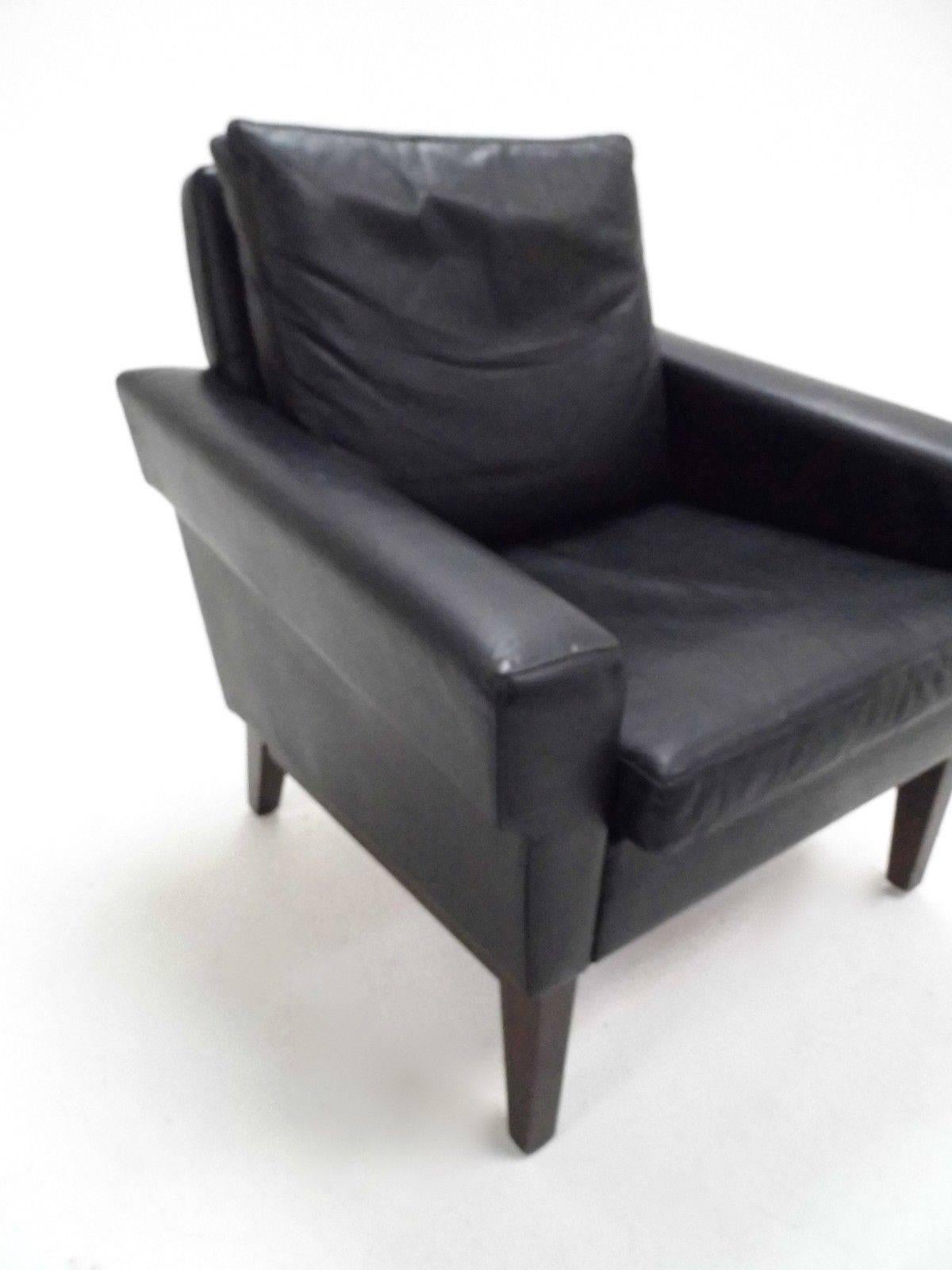 Mid-Century Modern Danish Black Leather & Teak Club Armchair Midcentury Chair 1960s