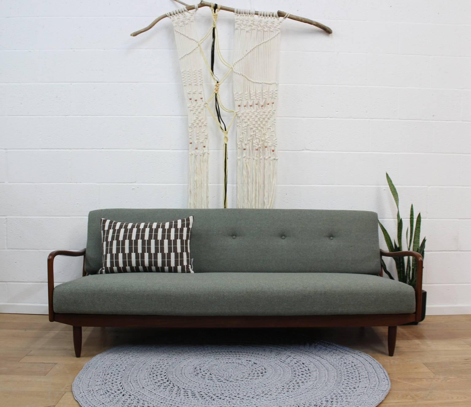 British Greaves & Thomas Midcentury Sofa Bed with Teak Arms, Fully Restored in Wool