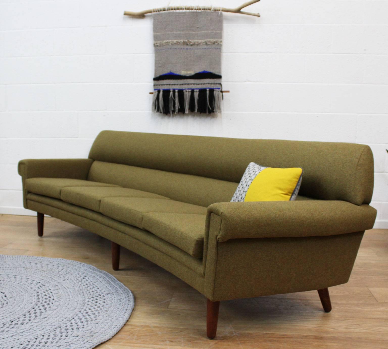 20th Century Danish Mid-Century Curved Four-Seat Sofa, Fully Restored in Wool