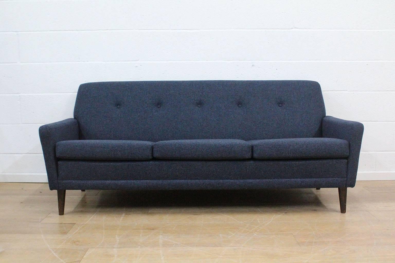 Swedish Midcentury DUX Three Seat Sofa, Fully Restored in Blue Wool In Excellent Condition In Haverhill, Suffolk