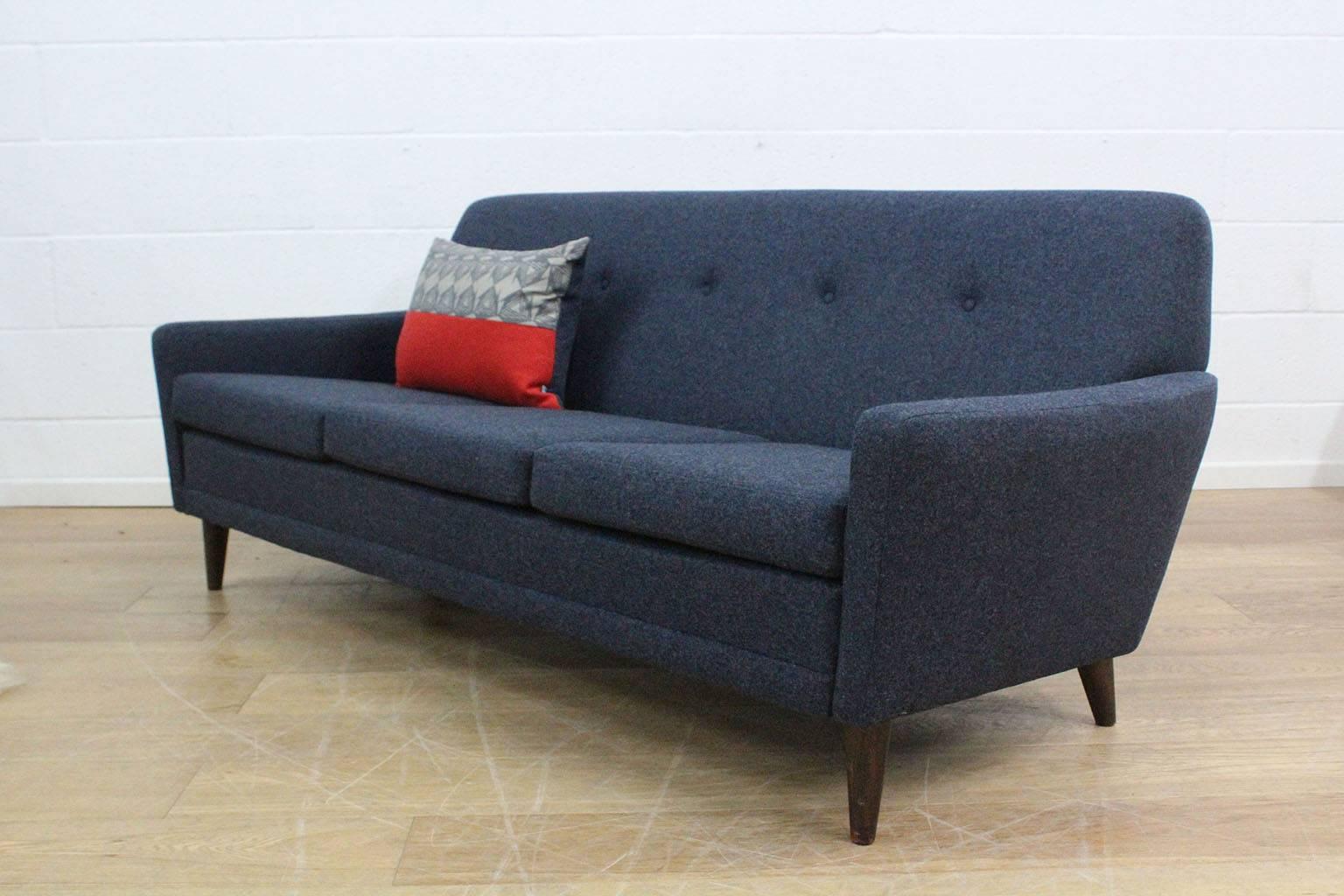 Swedish Midcentury DUX Three Seat Sofa, Fully Restored in Blue Wool 3