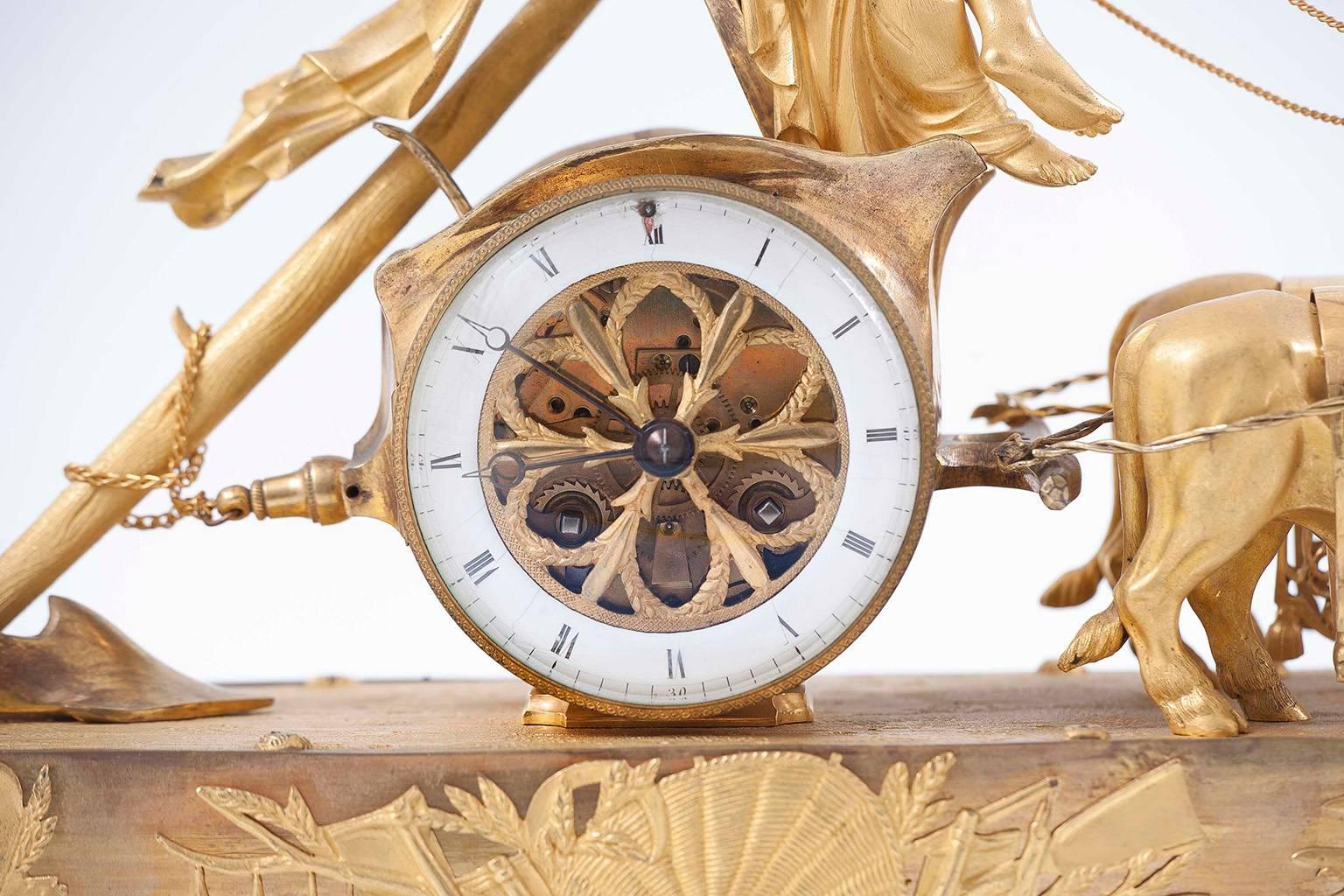 Neoclassical Chariot of Ceres Clock in Gilded Bronze For Sale