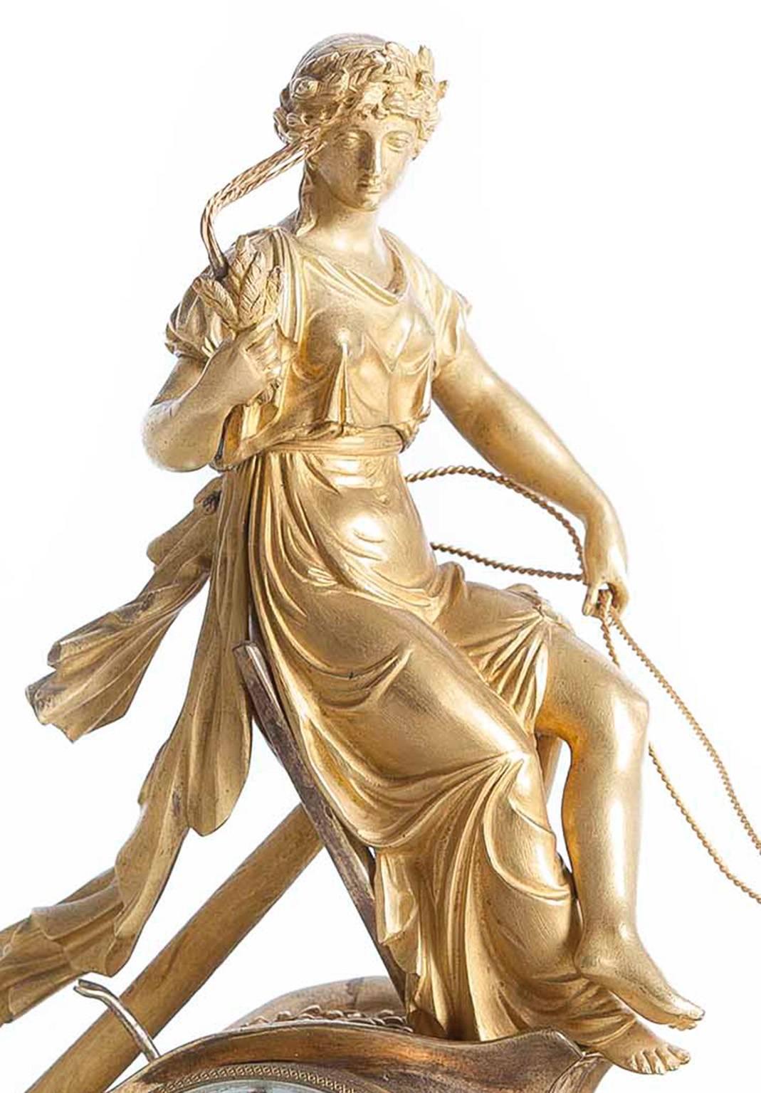 French Chariot of Ceres Clock in Gilded Bronze For Sale