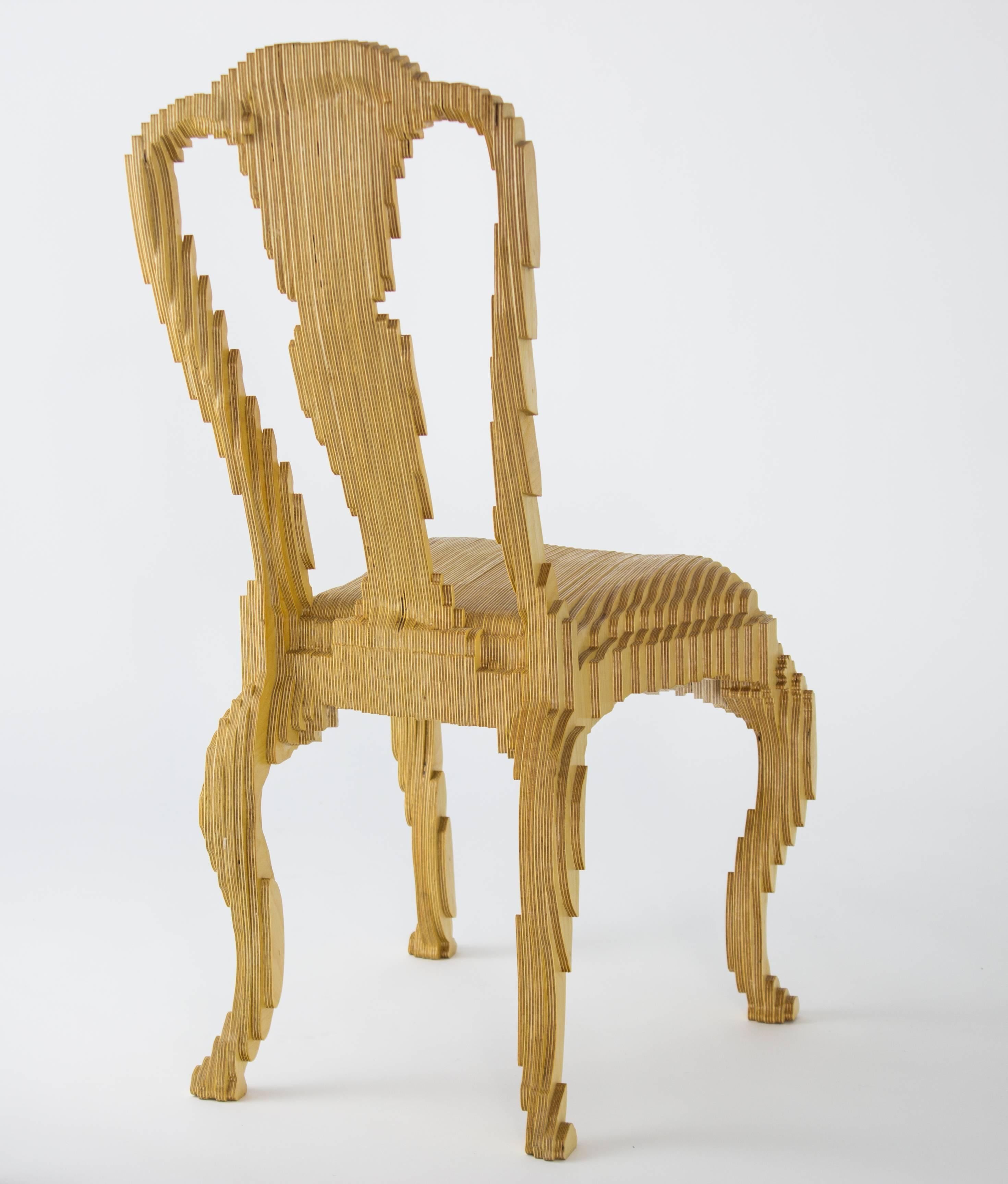 Julian Mayor.
Clone, 2005.
CNC machined plywood.
Edition #9 of 10. 

Julian Mayor is a British artist whose work is inspired by the sculptural possibilities of computers combined with industrial and craft making processes.

“The Clone chair